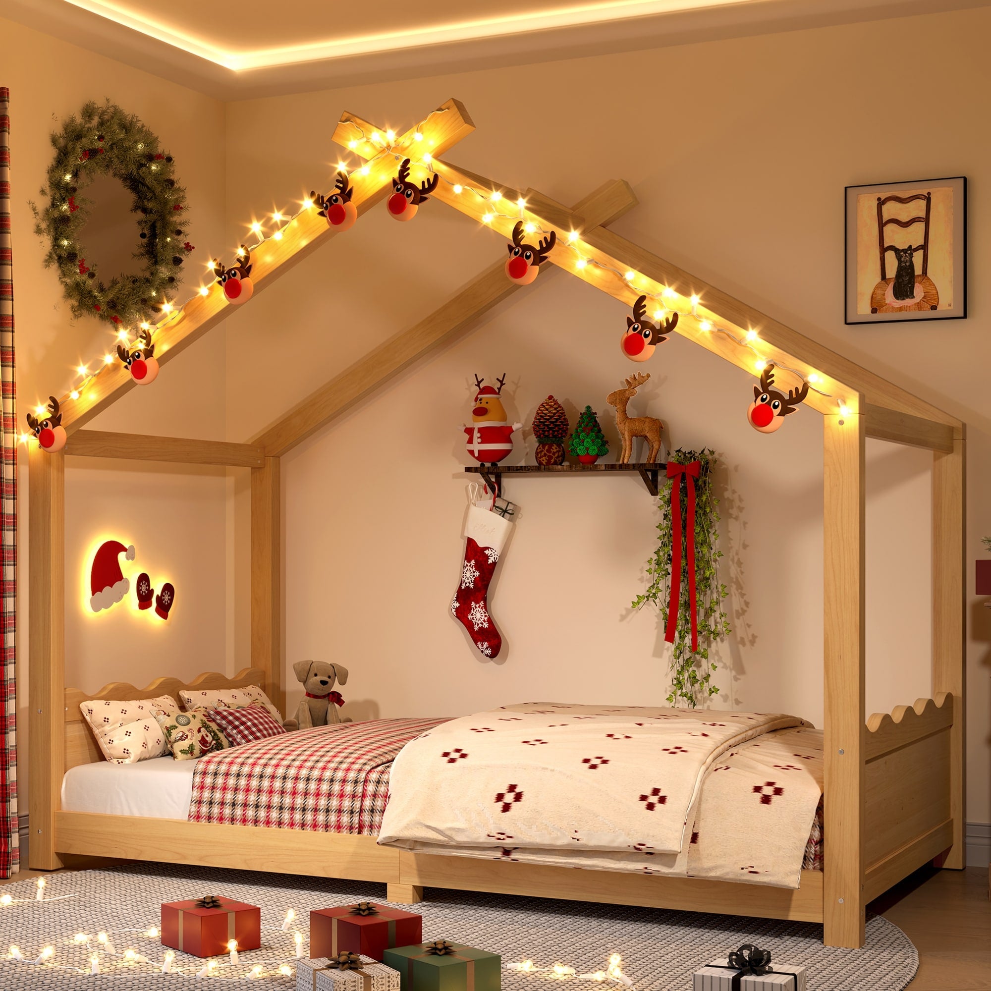Kids House Bed Frame Solid Wood Floor Bed With Slat Support Queen Full Twin No Box Spring Needed
