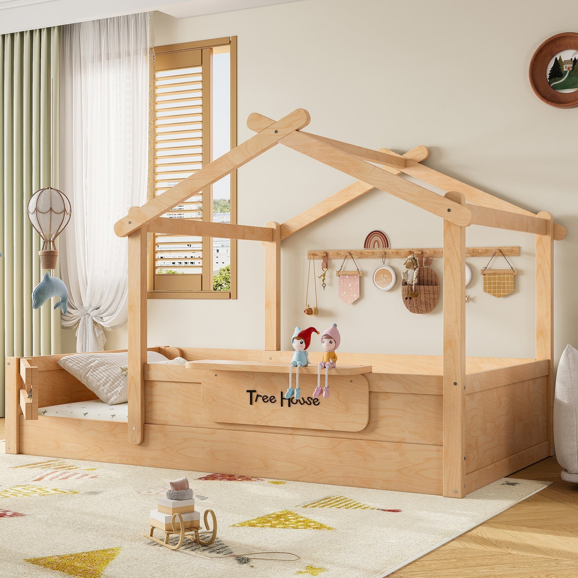 Kids House Floor Bed With Guardrails Roof Built In Tray Queen Full Twin Size Childlike Design