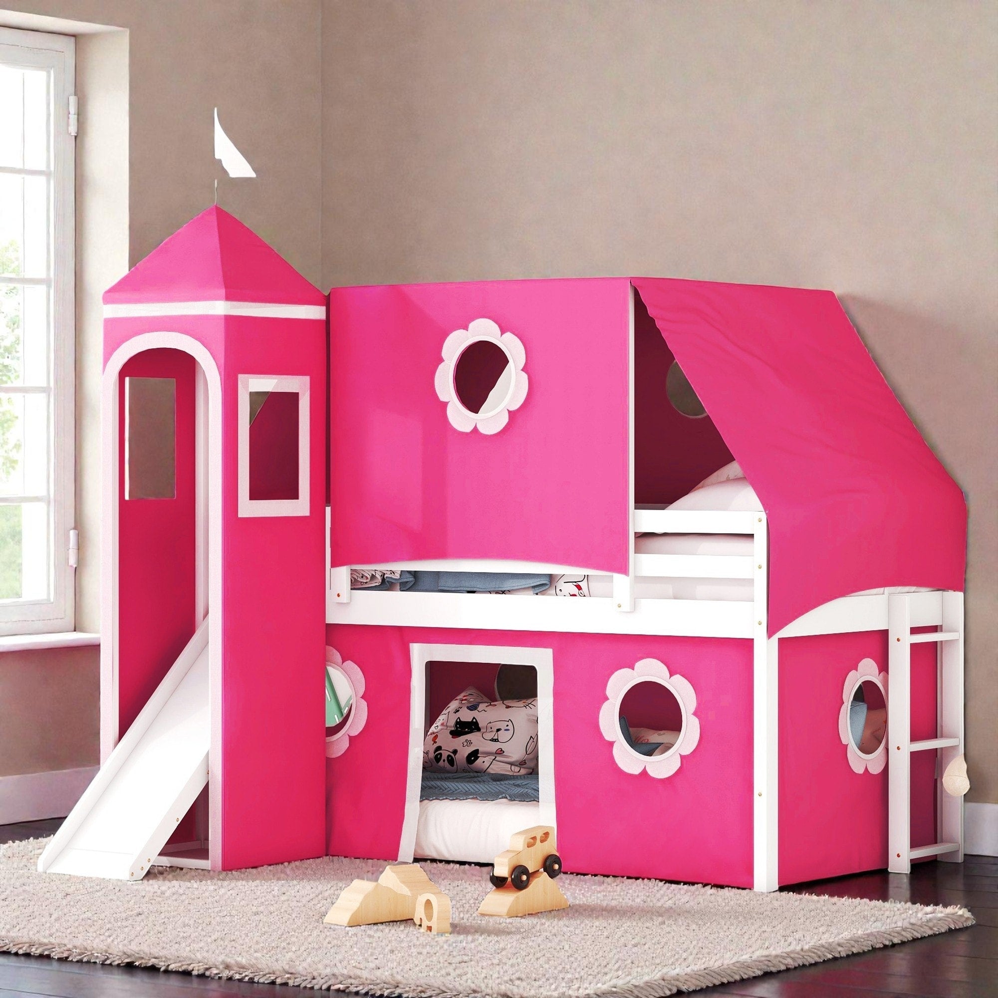 Kids Loft Bed With Slide Tent And Tower Solid Wood Castle Playhouse Loft