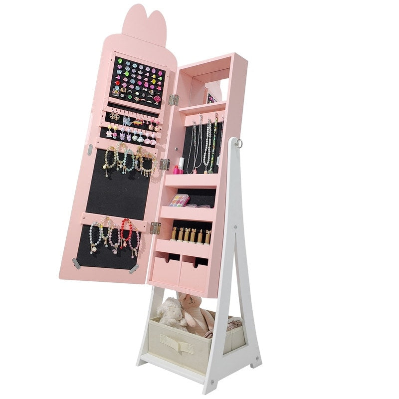 Kids Mdf Bunny Jewelry Cabinet In Pink Jewelry Armoire With Mirror 1 Door And 1 Fabric Drawer