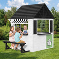 Kids Outdoor Wooden Playhouse Cottage Play House With Door Windows Bench Blackboard Multi Functional Play Toy For Ages 3 8