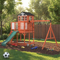 Kids Outdoor Wooden Swing Set With Elevated Playhouse Wave Slide Belt Swings And Sandbox Natural Wood
