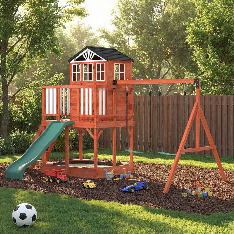 Kids Outdoor Wooden Swing Set With Elevated Playhouse Wave Slide Belt Swings And Sandbox Natural Wood