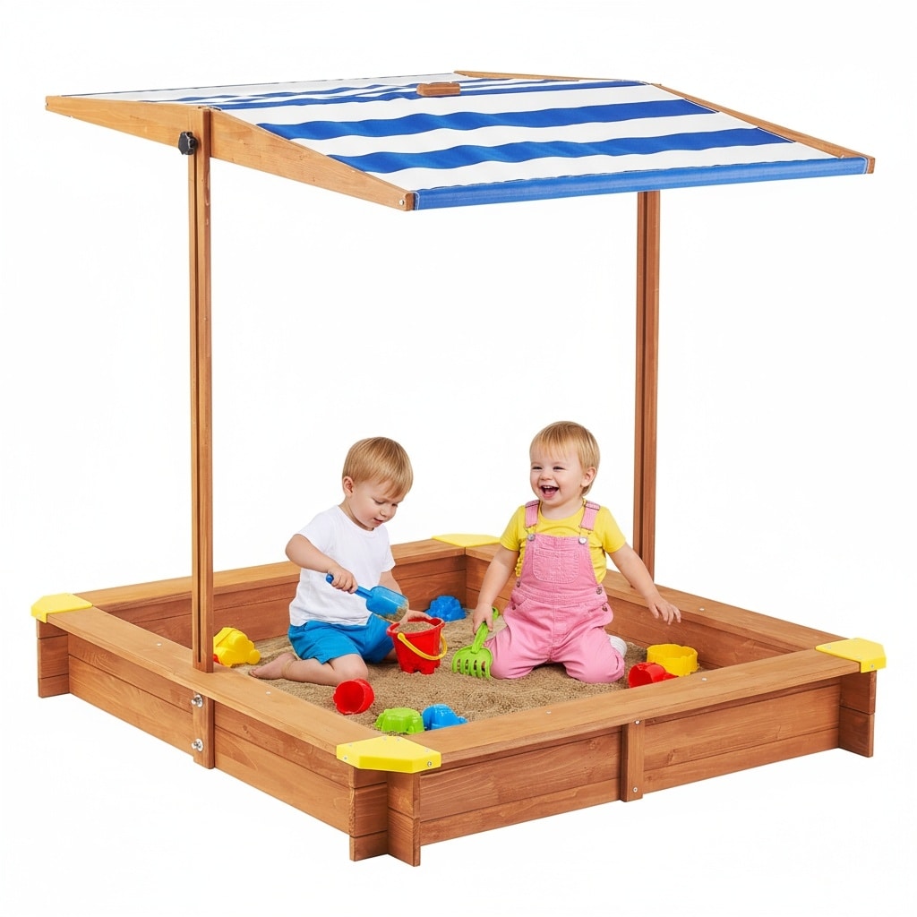 Kids Sandbox With Cover 46 Wooden Sand Box W Adjustable Canopy Large Outdoor Cedar Sandpit For Backyard Play