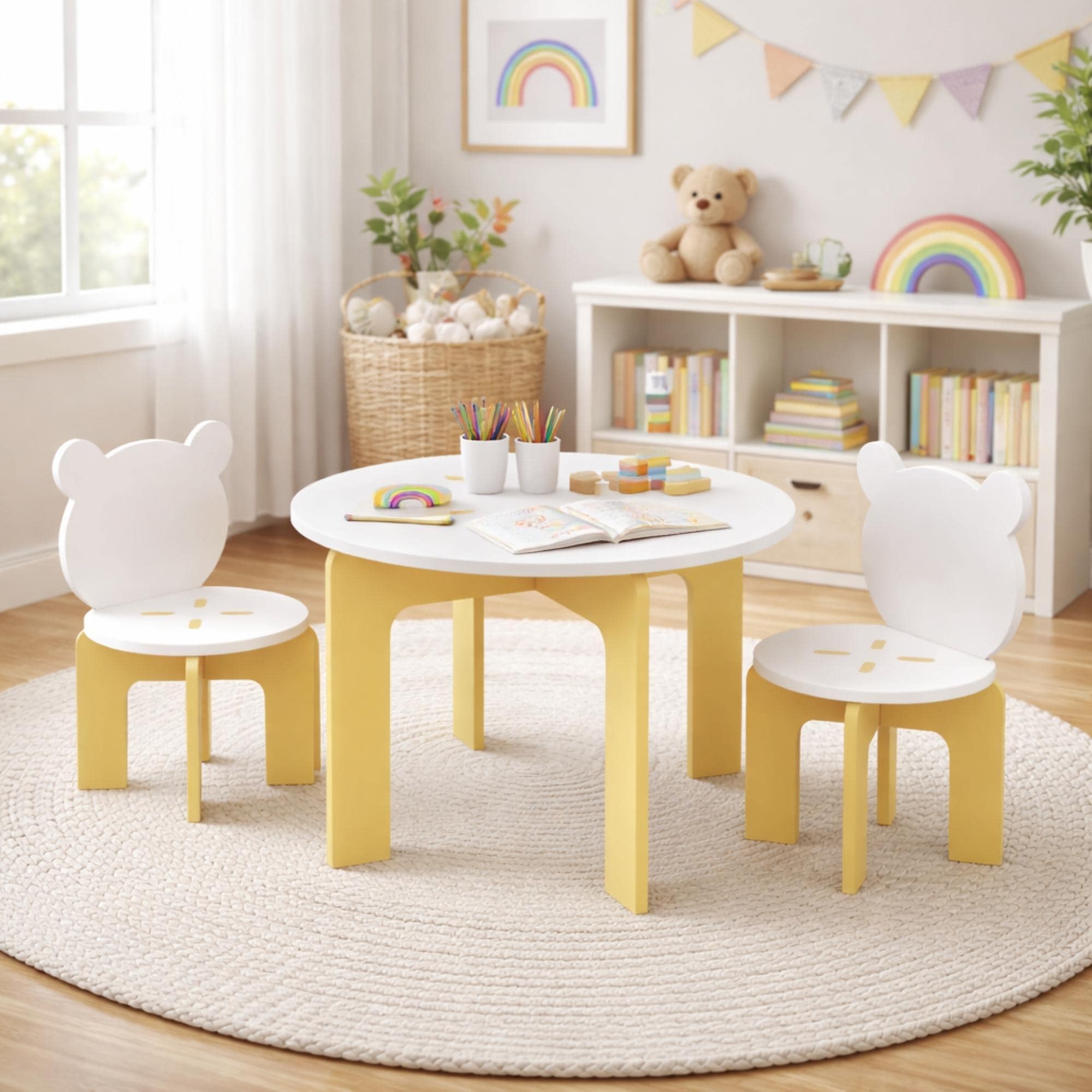 Kids Table And Chair Set 3 Piece Toddler Table With 2 Chairs Cute Bear Back Chairs Sturdy Wooden Activity Table Set