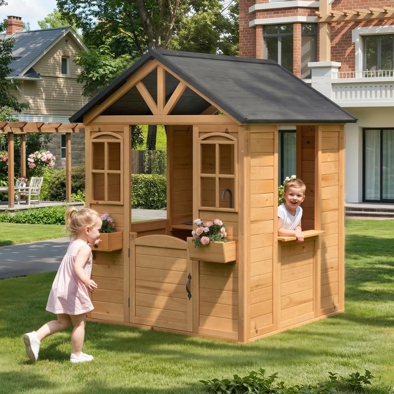 Kids Wooden Adventure Cottage Playhouse Outdoor Playhouse With Functional Door Windows Service Station And Flower Pot Holders