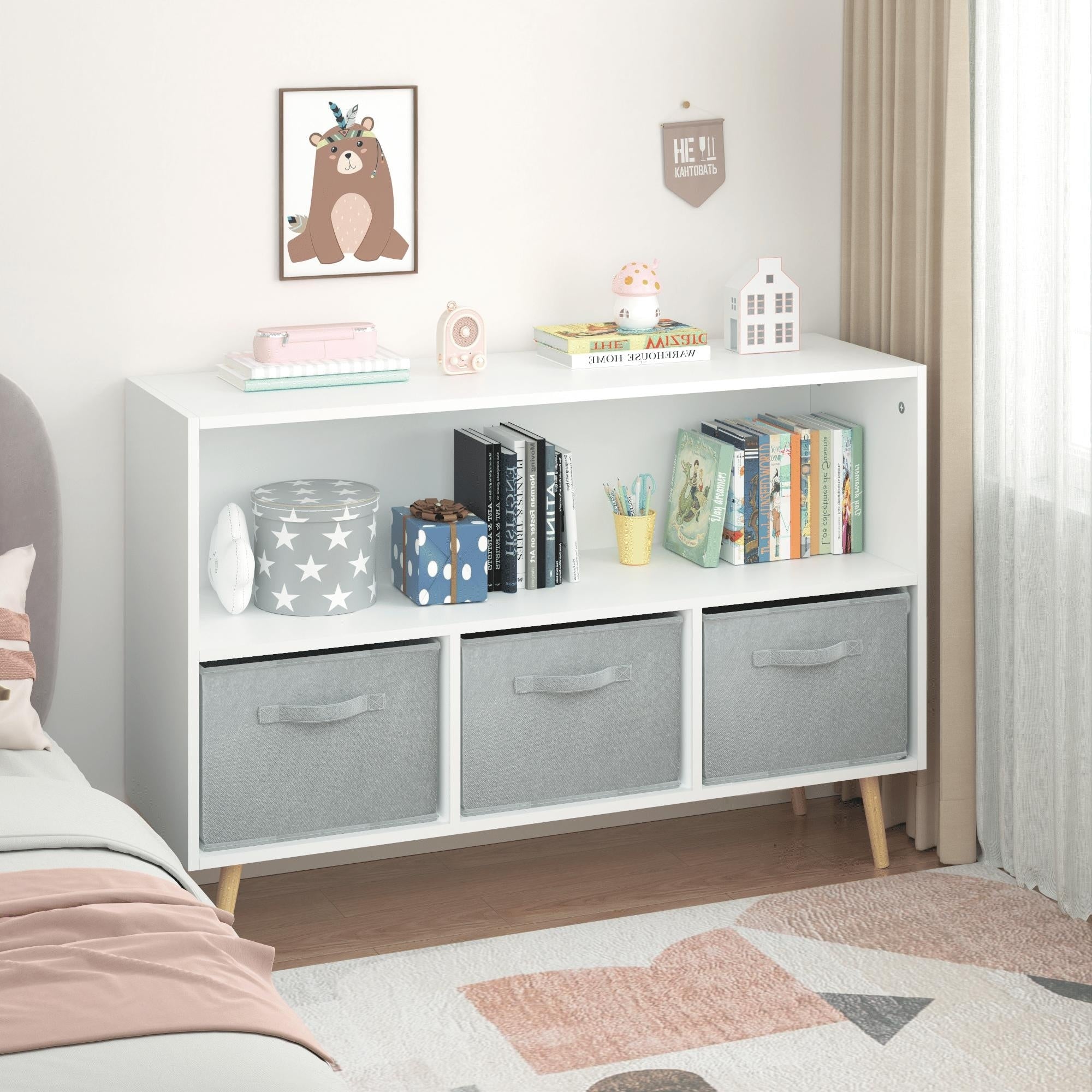 Kids Bookcase With Collapsible Fabric Drawers Childrens Book Display Toy Storage Cabinet Organizer