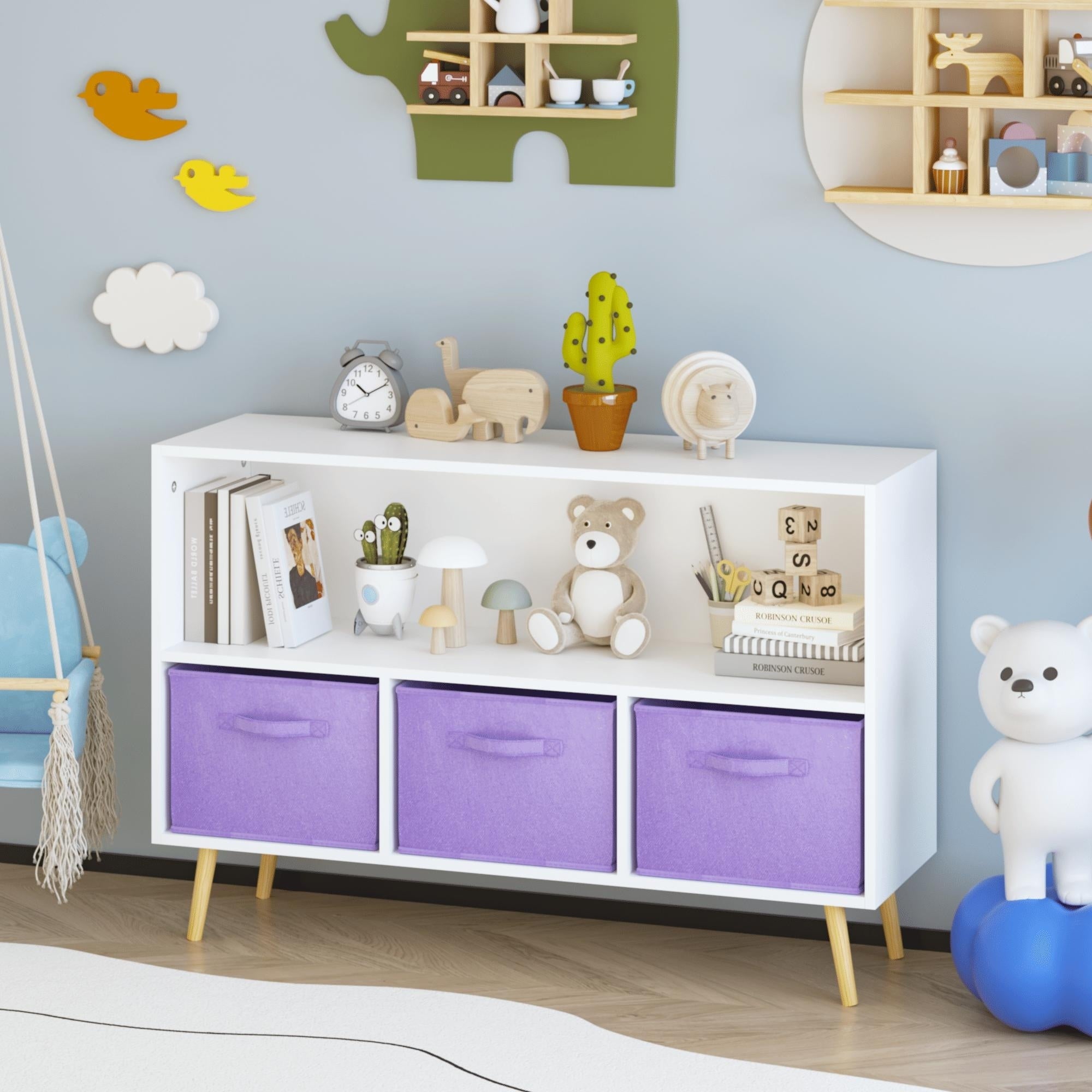 Kids Bookcase With Collapsible Fabric Drawers Childrens Book Display Toy Storage Cabinet Organizer