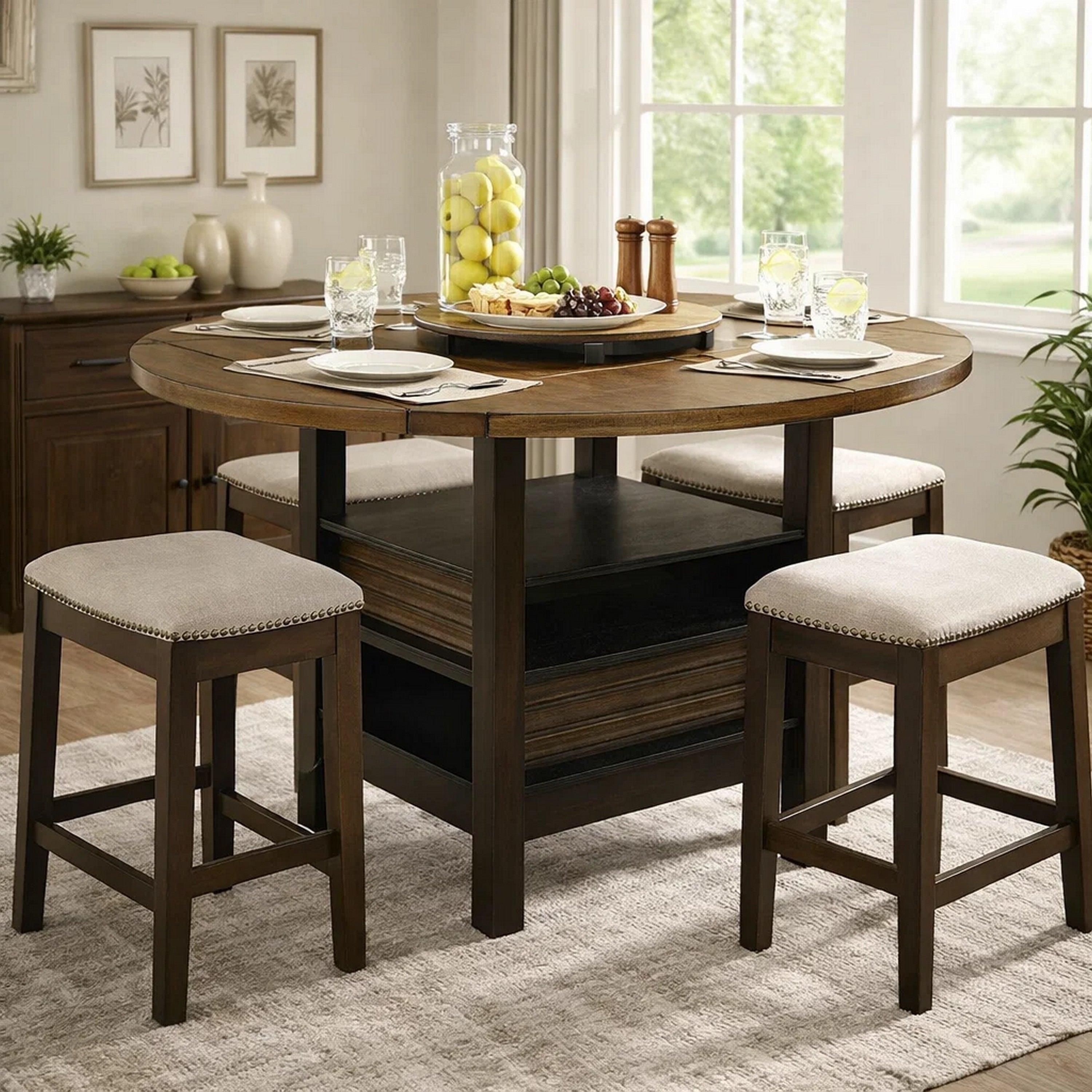 Kimberly Counter Height Table W Lazy Susan 5 Shelves Black Baked Brown