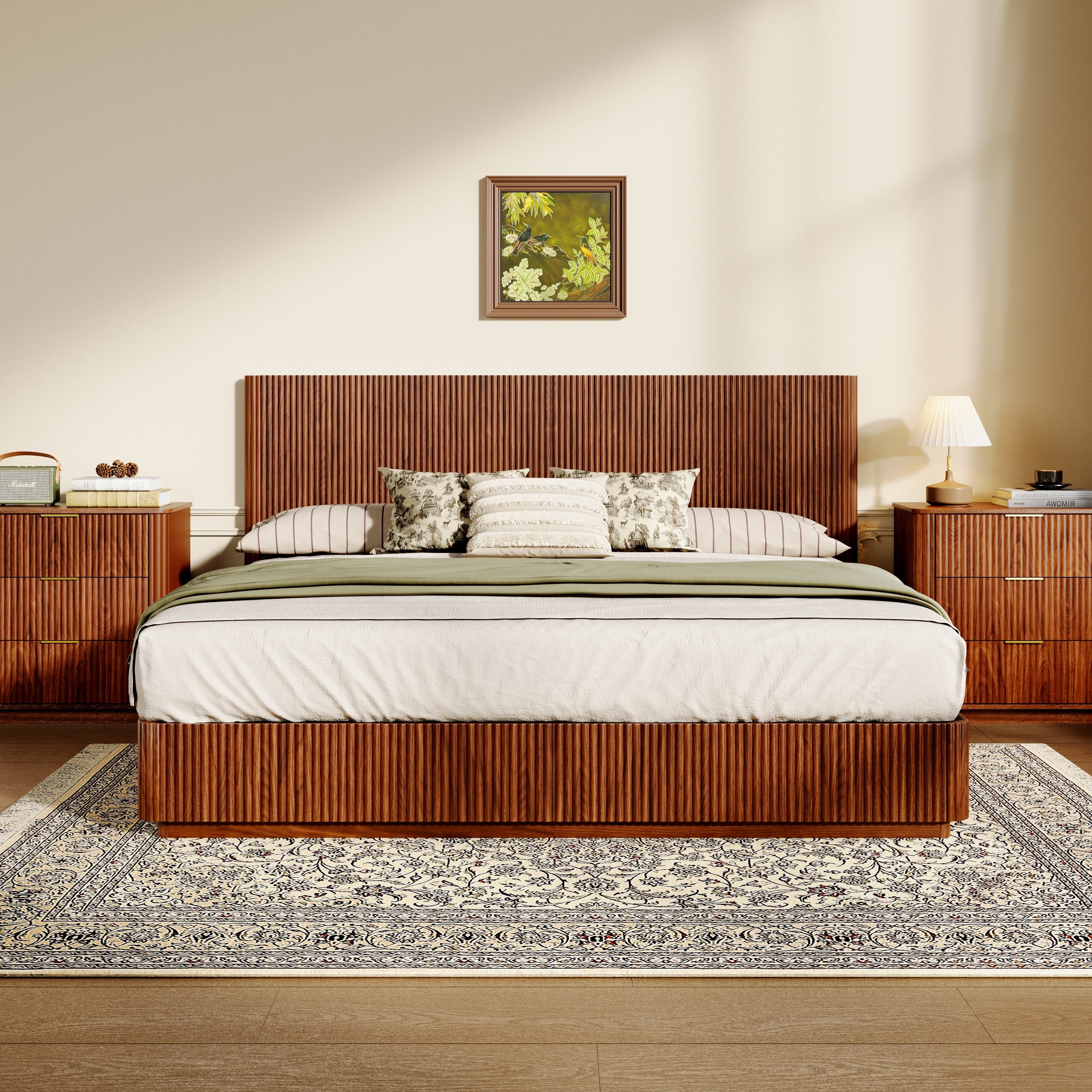 Kind Size Walnut Platform Bed Frame With Led Lights For Bedroom