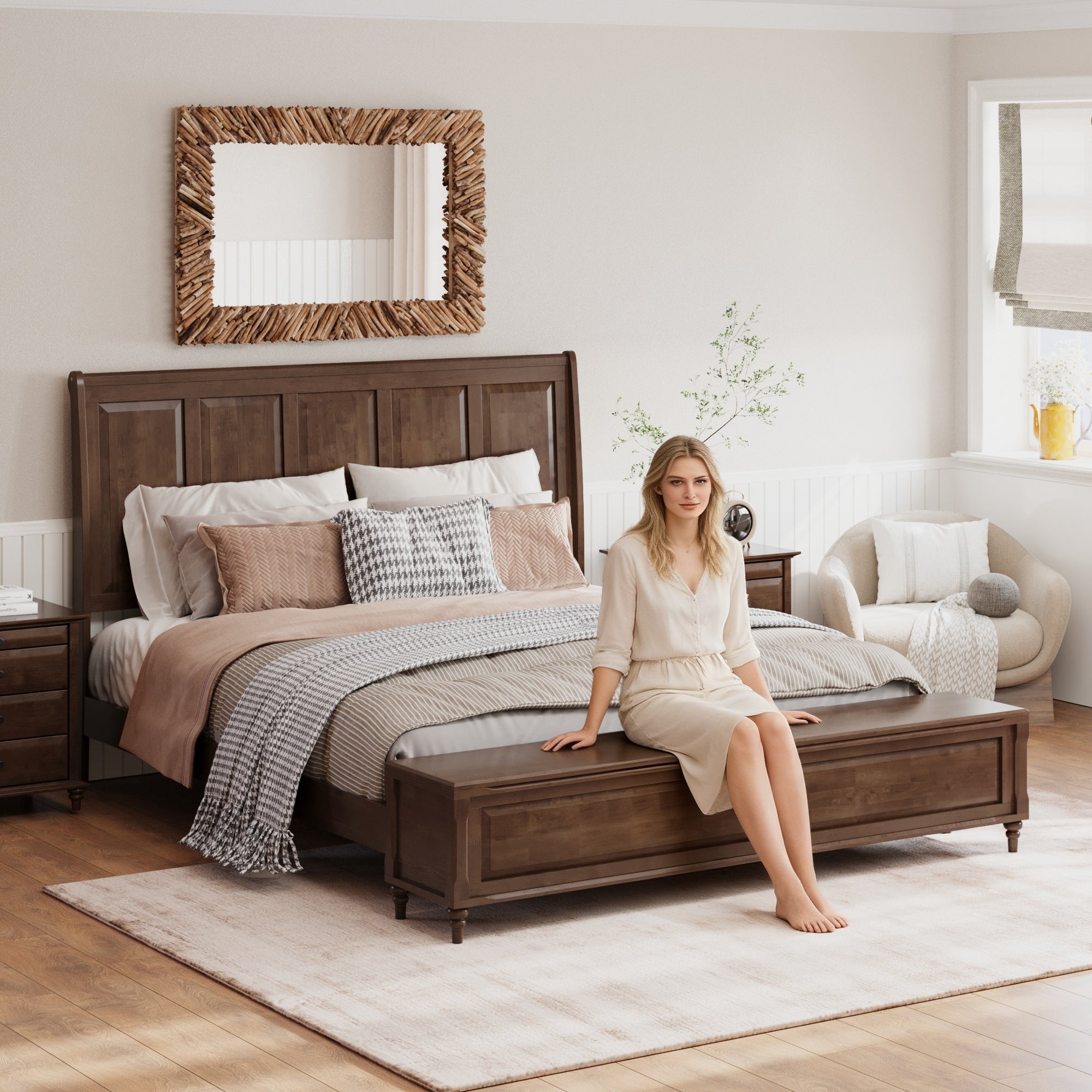 King Bed Frame With Tall Headboard And Storage Bench