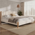King Bed Frame Boucle Upholstered Thick Headboard Sturdy Wooden Legs White