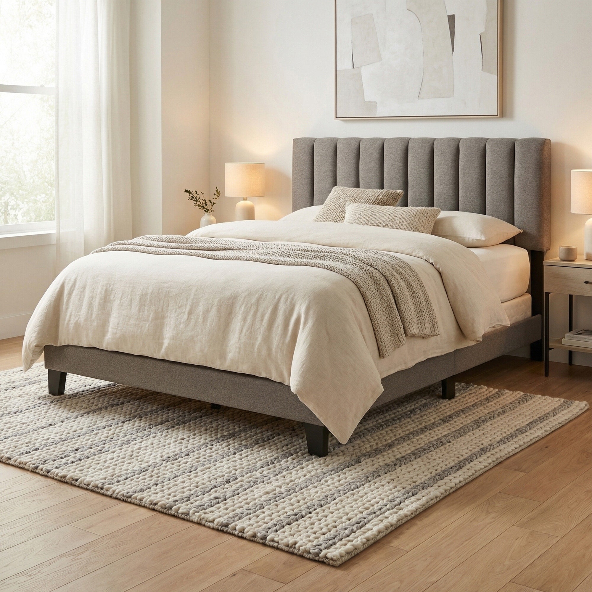 King Queen Mid Century Modern Wood Channeled Beige Fabric Upholstered Platform Bed With Slats