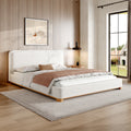 King Queen Size Bed Frame With Boucle Upholstered Curved Headboard And Solid Wood Platform