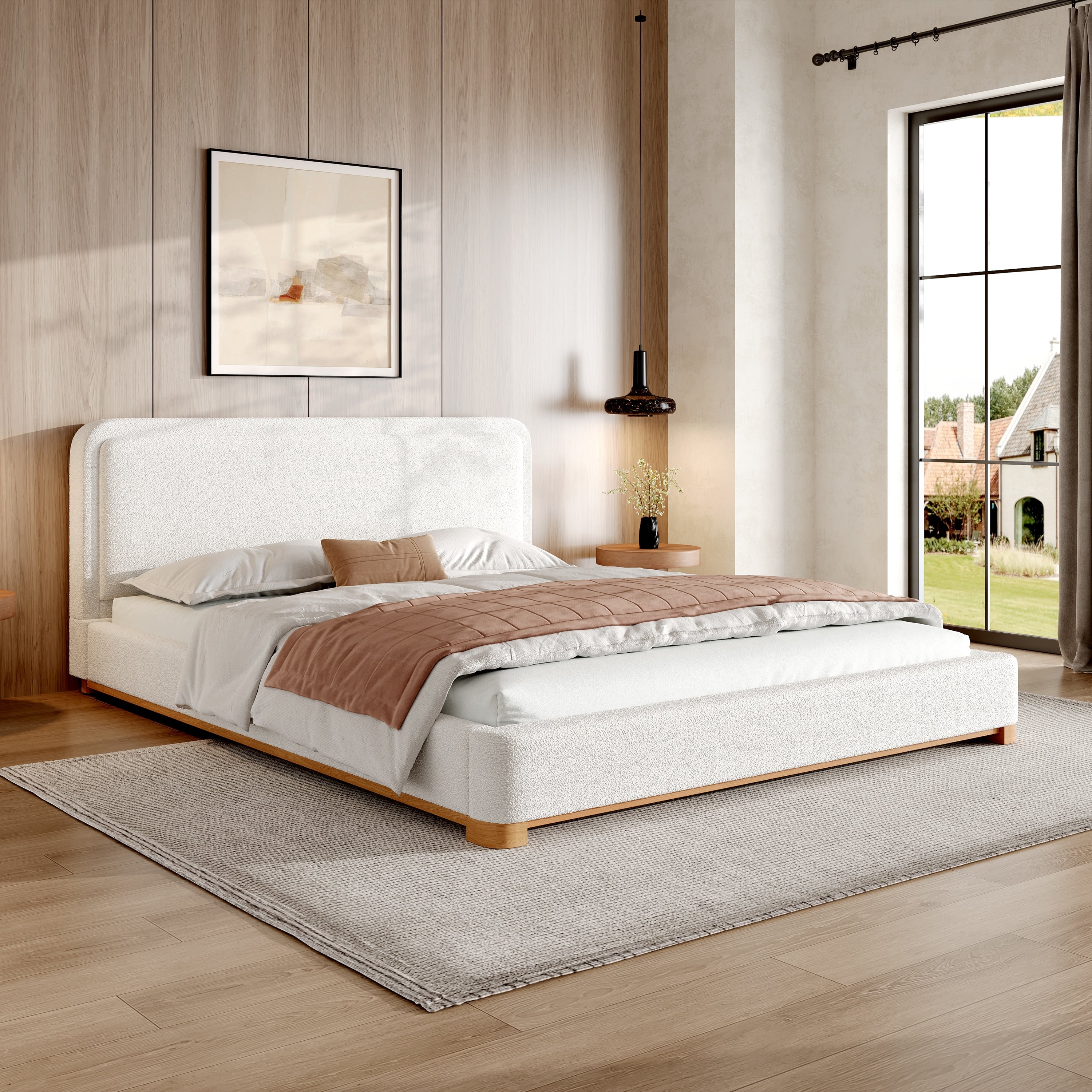 King Queen Size Bed Frame With Boucle Upholstered Curved Headboard And Solid Wood Platform