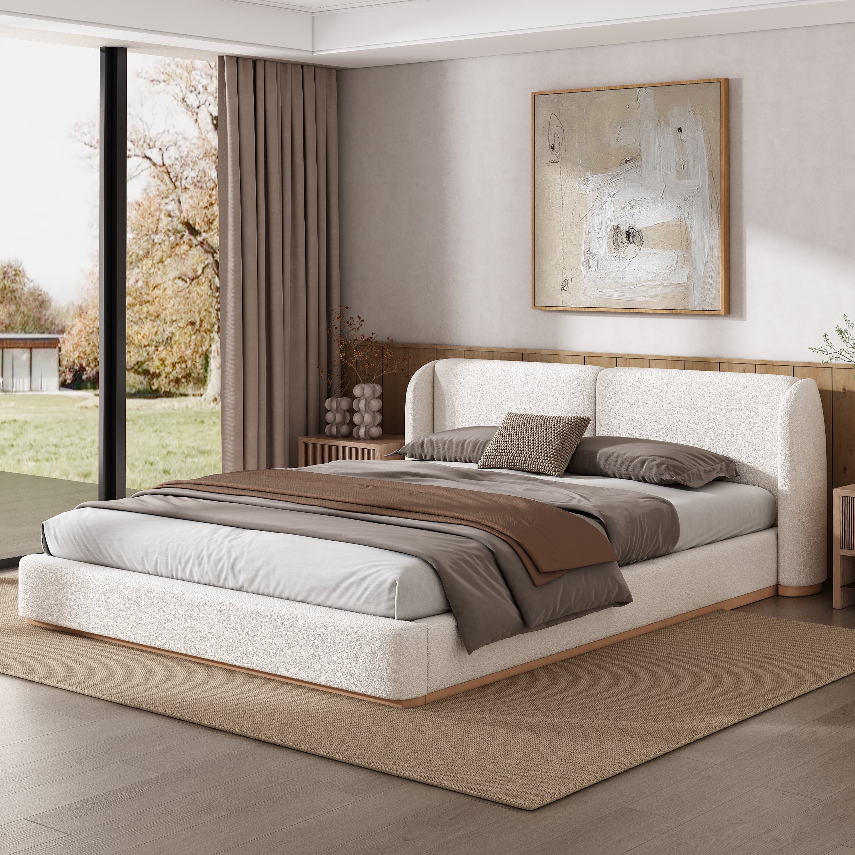 King Queen Size Bed Frame With Boucle Upholstered Wingback Headboard And Solid Wood Base
