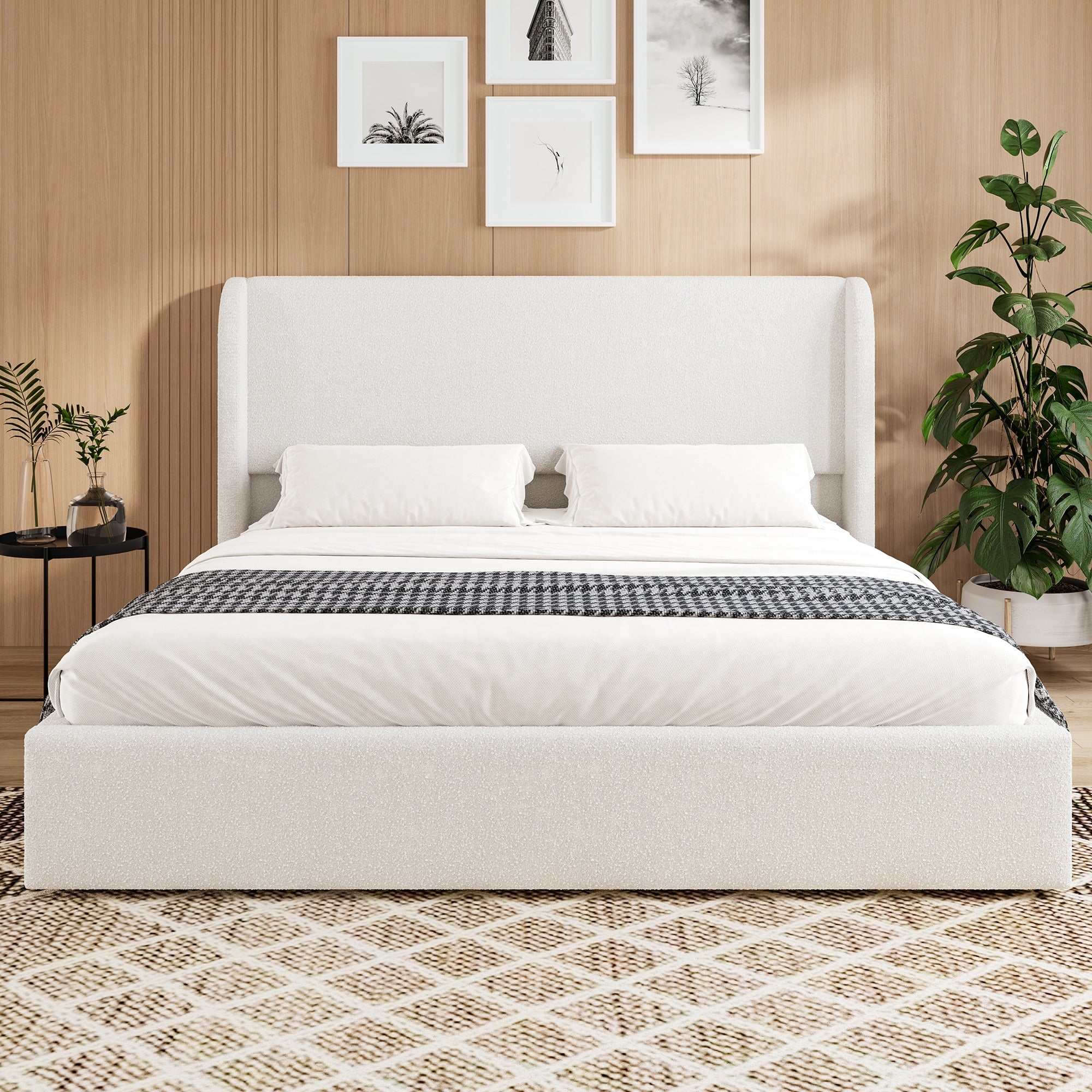 King Queen Size Boucle Upholstered Cloud Bed Frame With Headboard Solid Wood Legs No Box Spring Needed