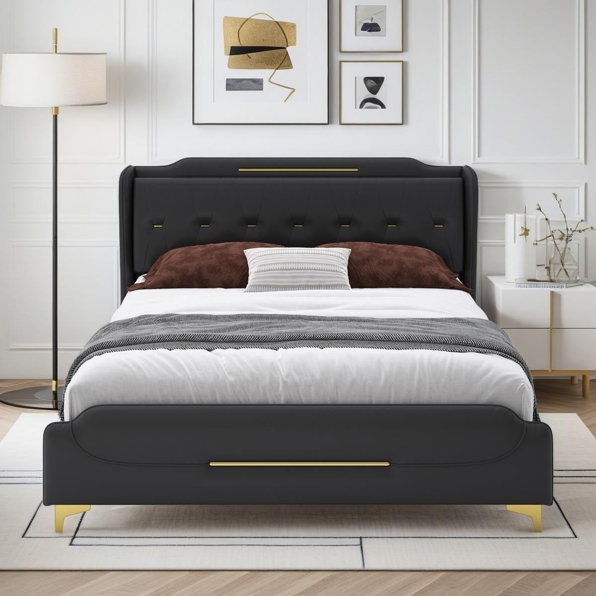 King Queen Upholstered Bed Frame With Wingback Headboard And Footboard Platform Base Solid Wood Support