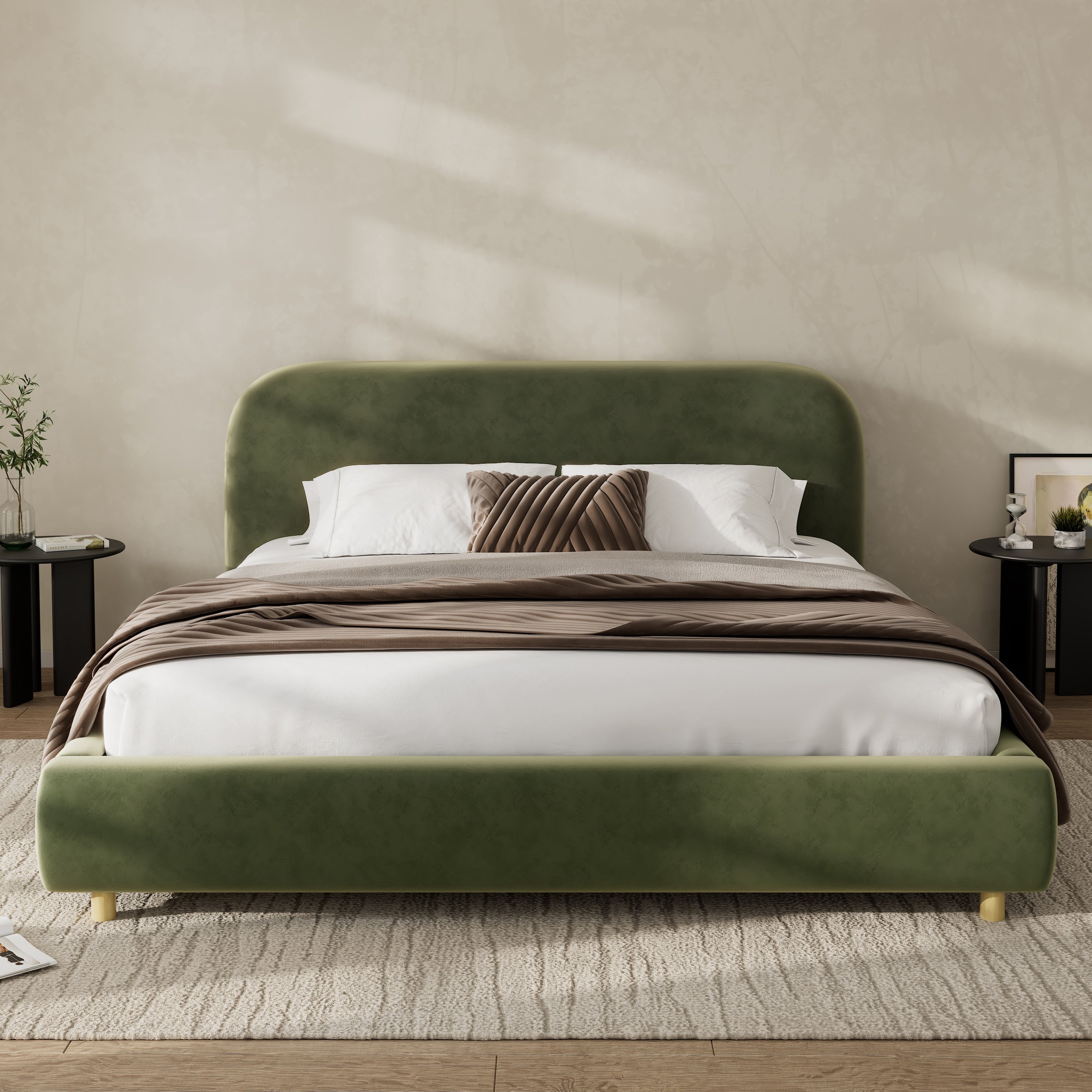 King Queen Upholstered Platform Bed With Boucle Or Velvet Fabric Button Tufted Headboard