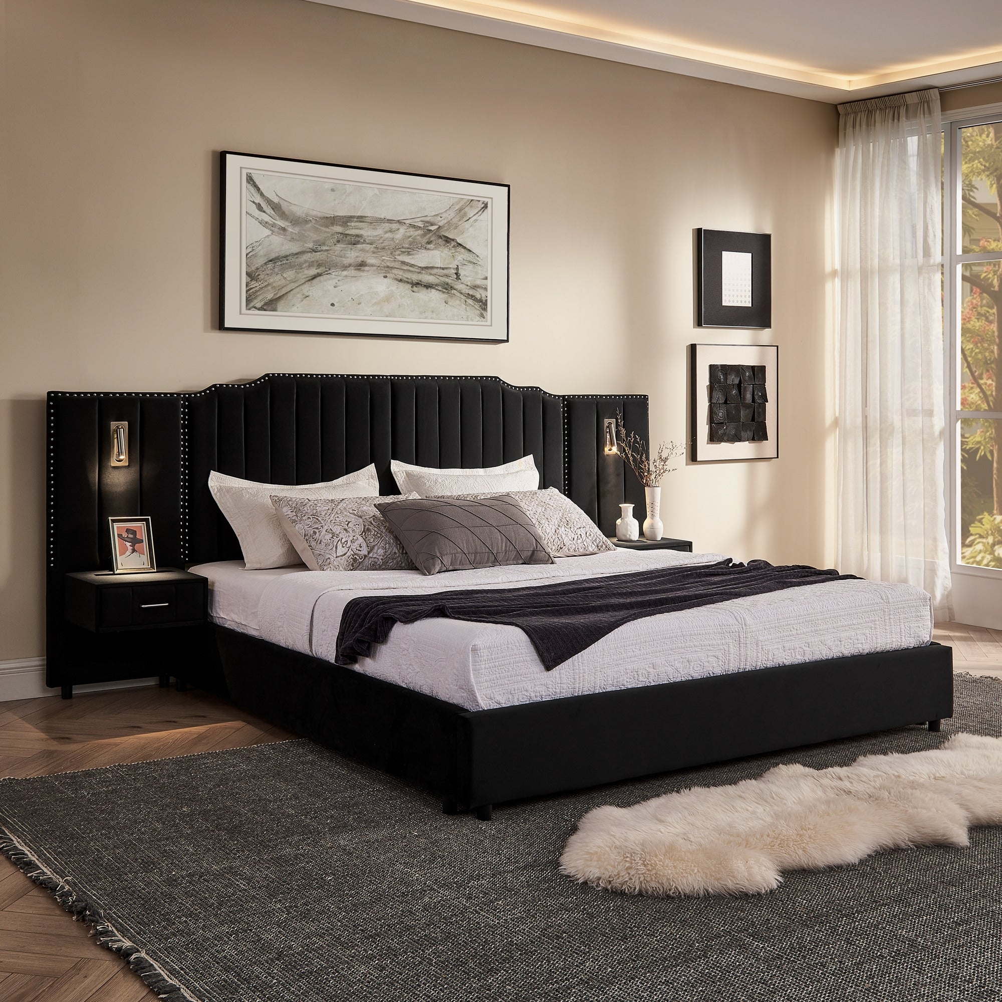 King Queen Velvet Bed Frame With Vertical Stitch Headboard Side Table
