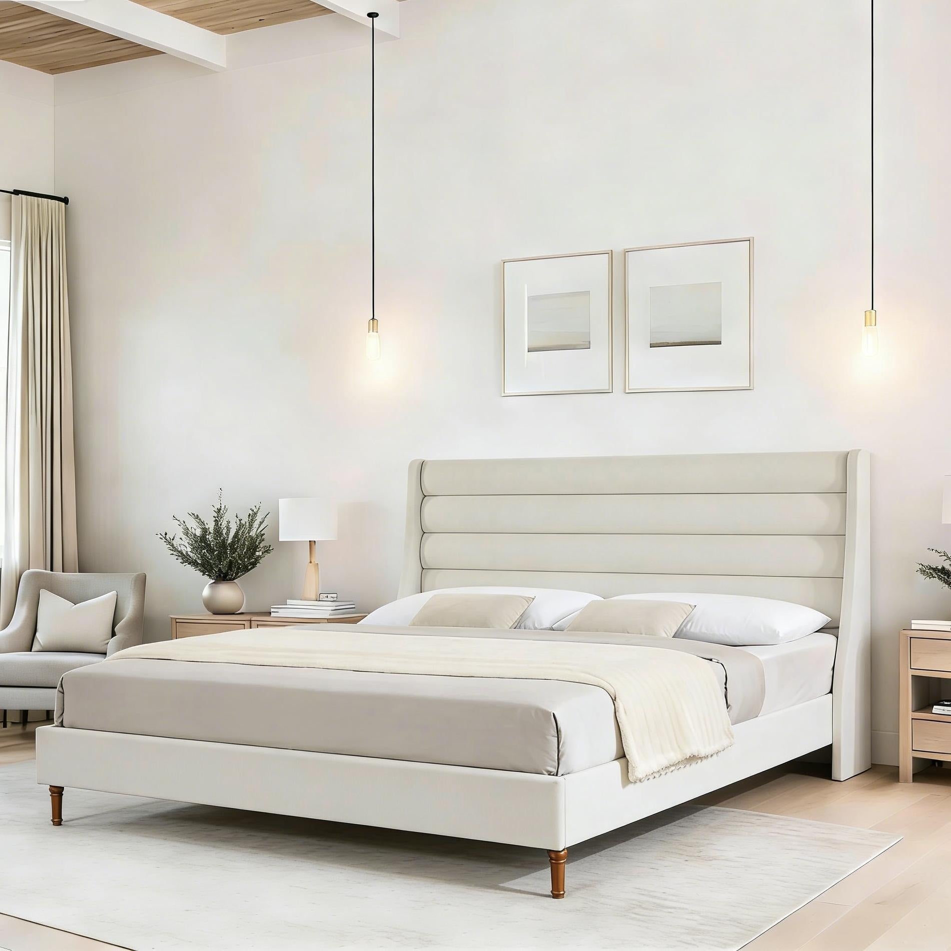 King Size Bed Frame High Headboard Upholstered Platform Bed With Wave