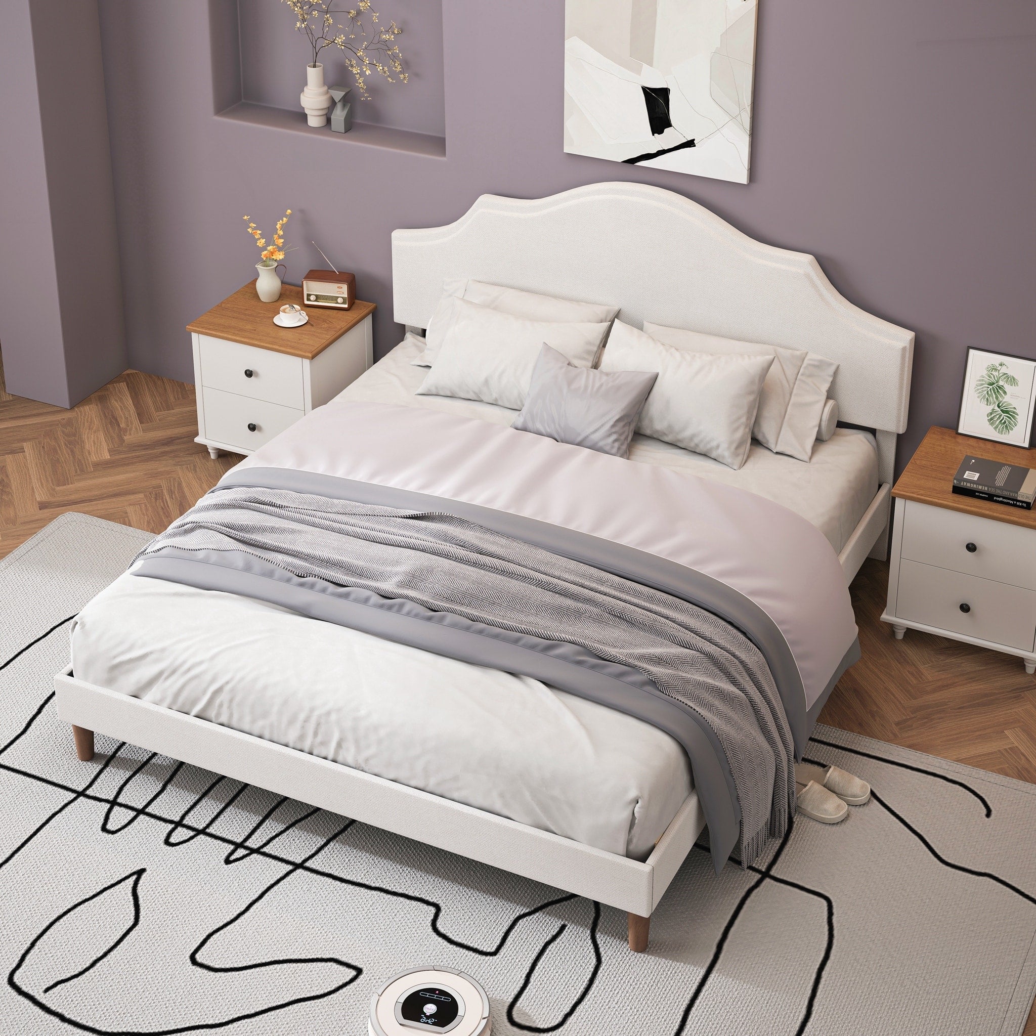 King Size Bed Frame Upholstered Platform Bed With Adjustable Headboard