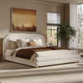 King Size Bed Frame With Boucle Upholstered Thick Curved Headboard Solid Wood Legs White