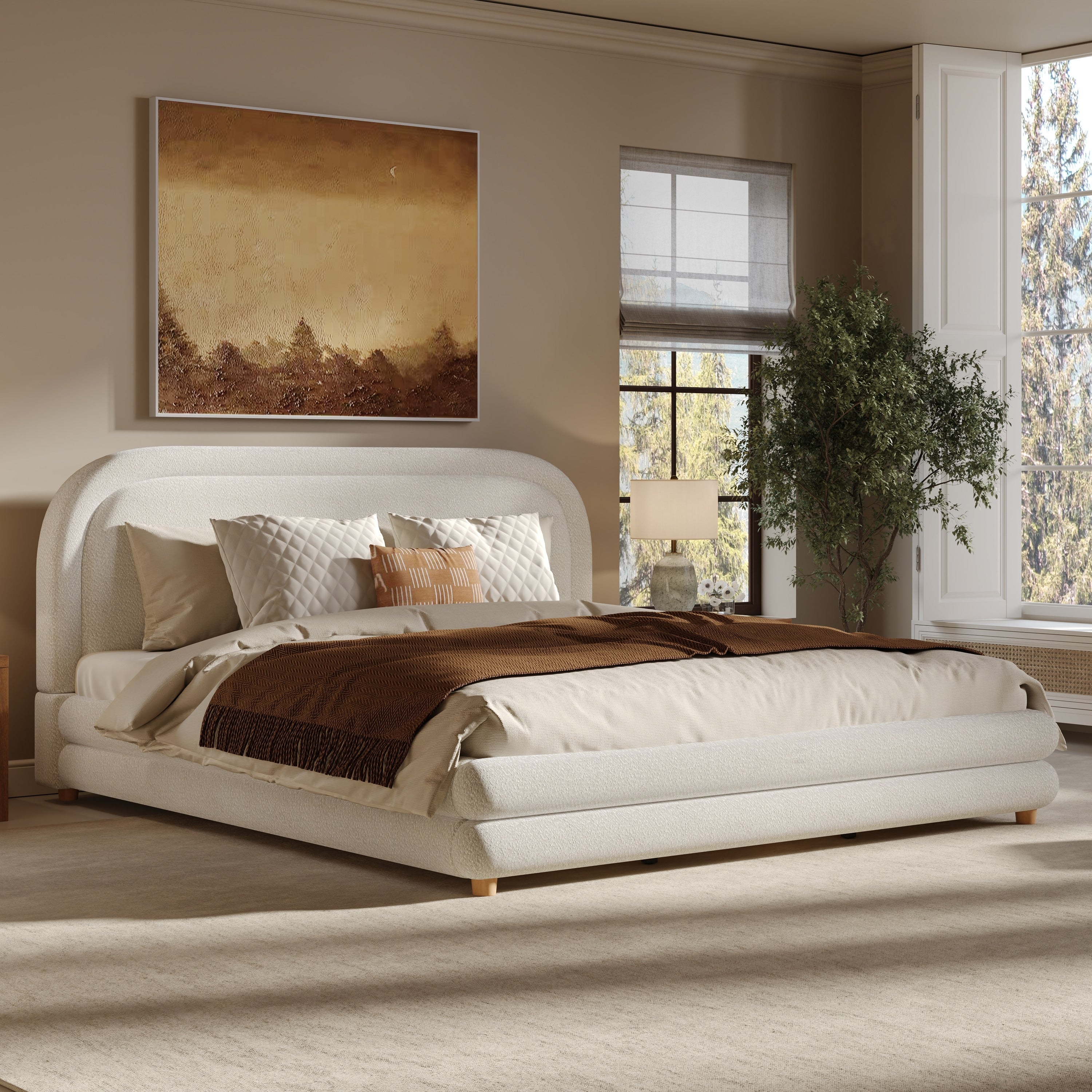 King Size Bed Frame With Boucle Upholstered Thick Curved Headboard Solid Wood Legs White