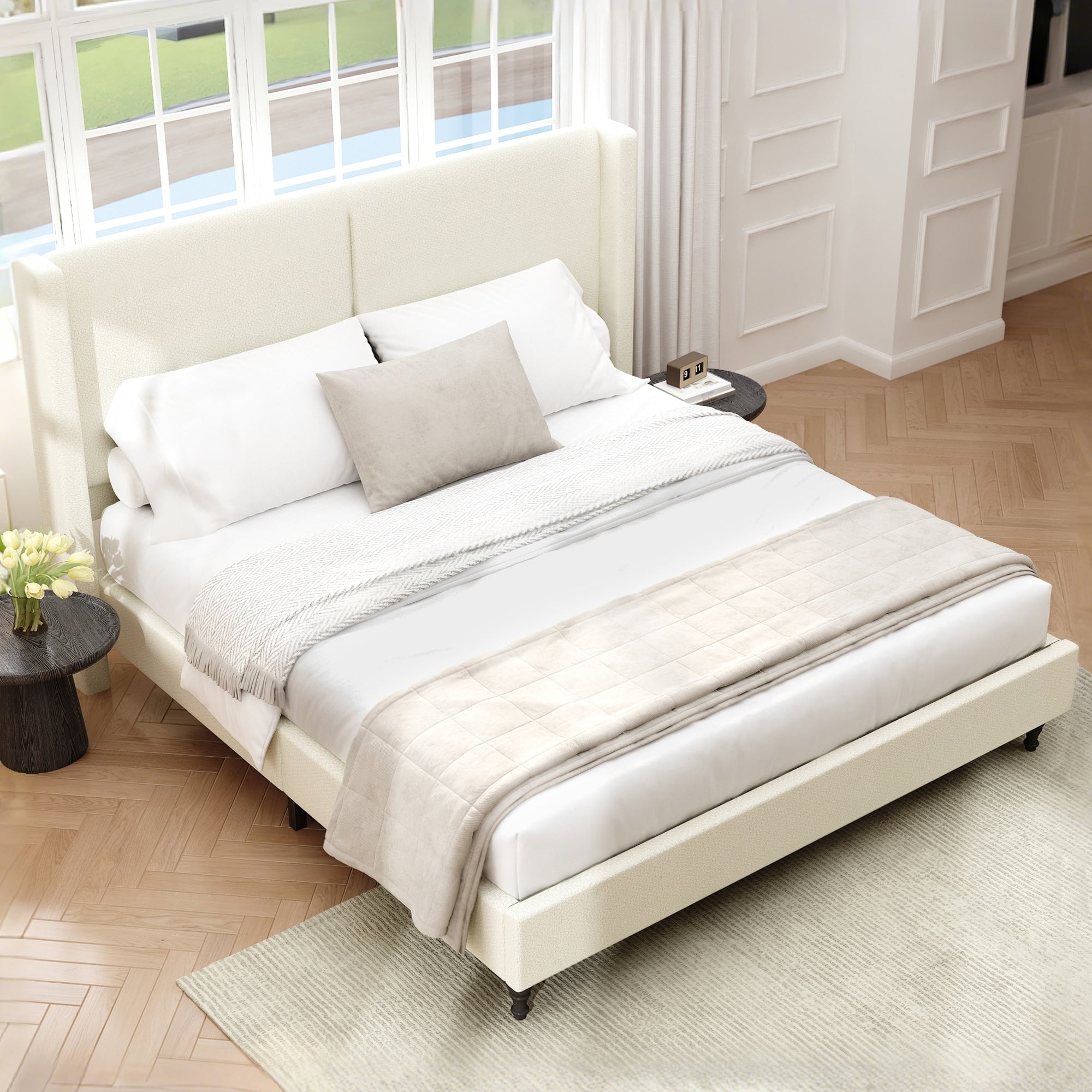 King Size Bed Frame With 55.5 High Back Upholstered Headboard