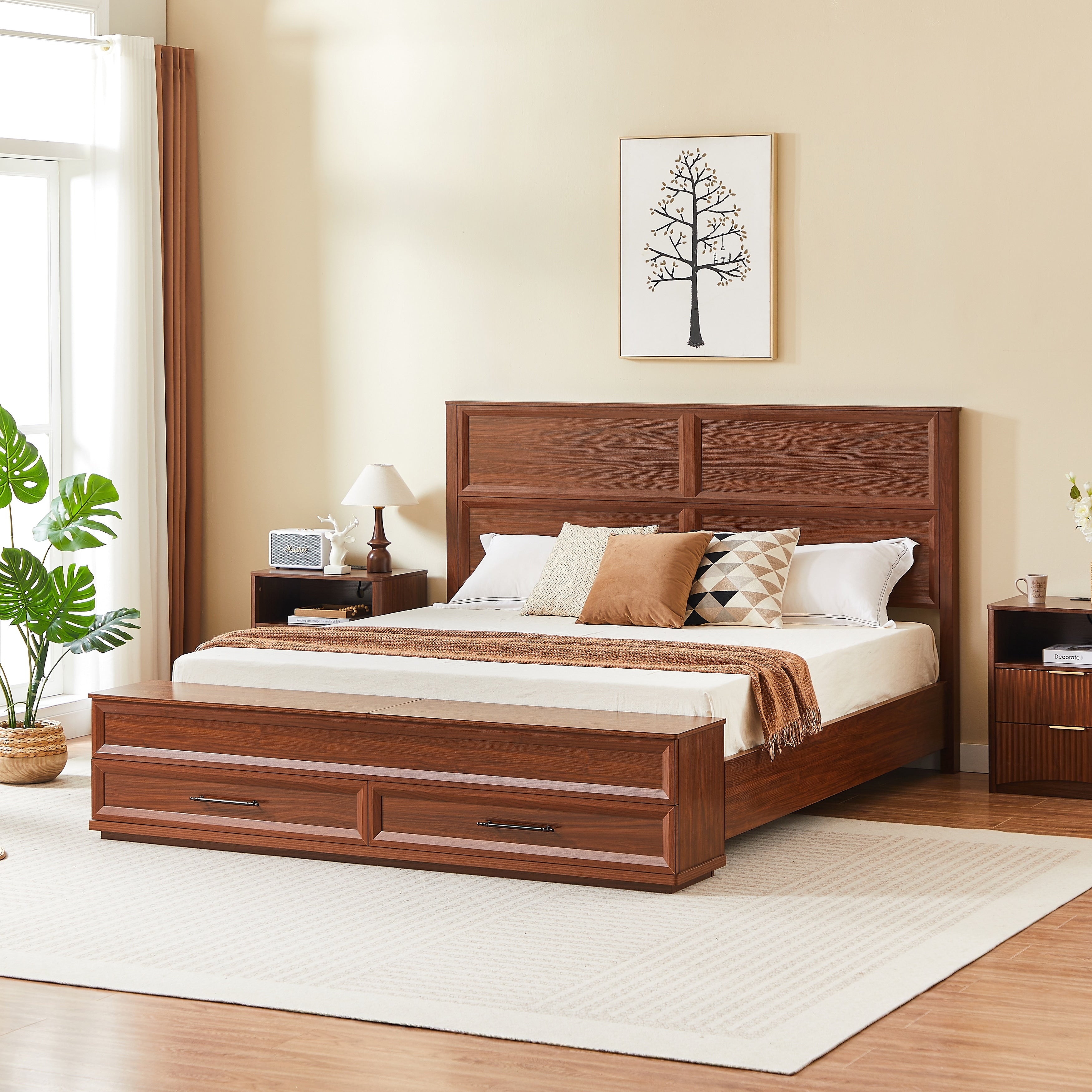 King Size Bed With 3D Geometric Headboard Storage Bench 4 Drawer Storage Modern Bedroom Furniture