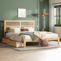 King Size Bed With Rattan Headboard Two Storage Drawers Rubber Wood Bed With Enhanced Support Slats And Feet