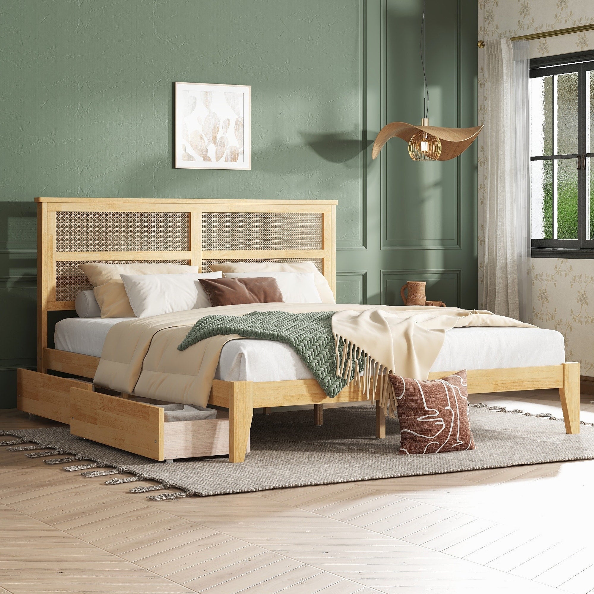 King Size Bed With Rattan Headboard Two Storage Drawers Rubber Wood Bed With Enhanced Support Slats And Feet