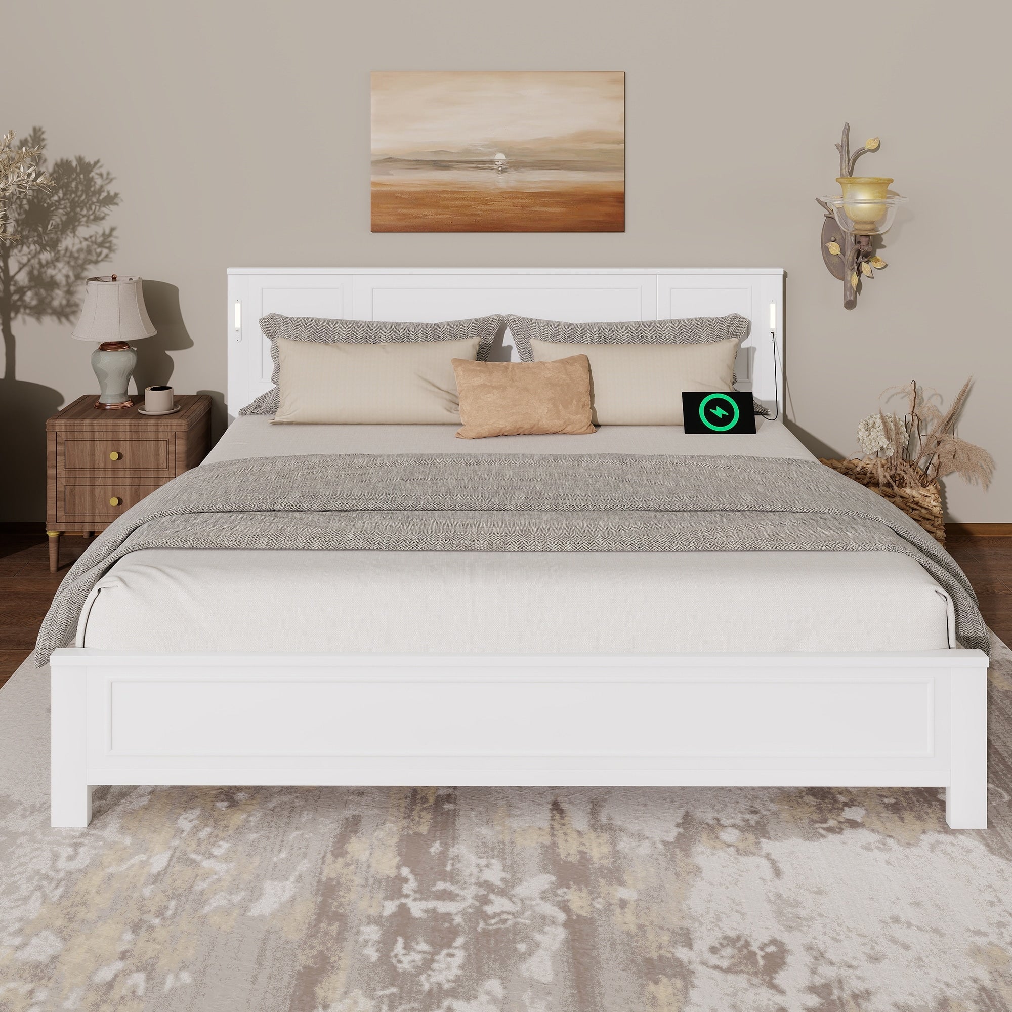 King Size Bed With Tall Panel Headboard Footboard Built In Led Lights Usb Charging Station With Strengthened Bed Frame