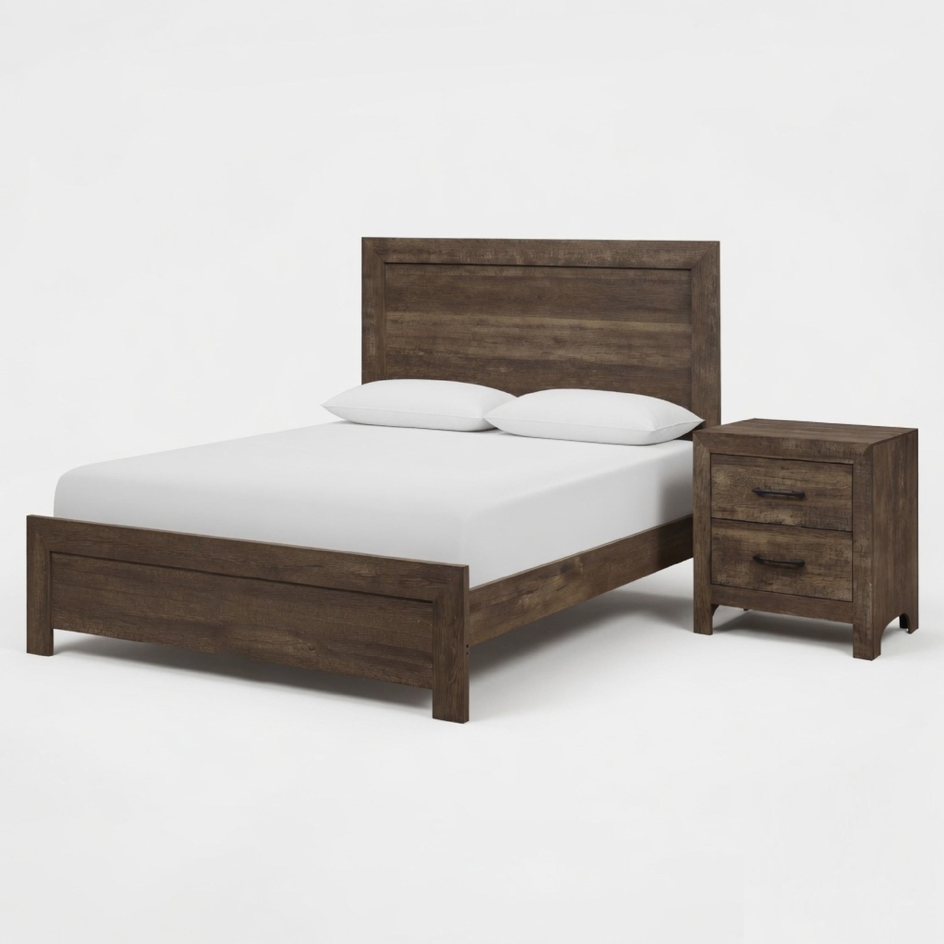 King Size Bedroom Set Brown Finish Panel Design 2 Piece Set With Bed And Nightstand