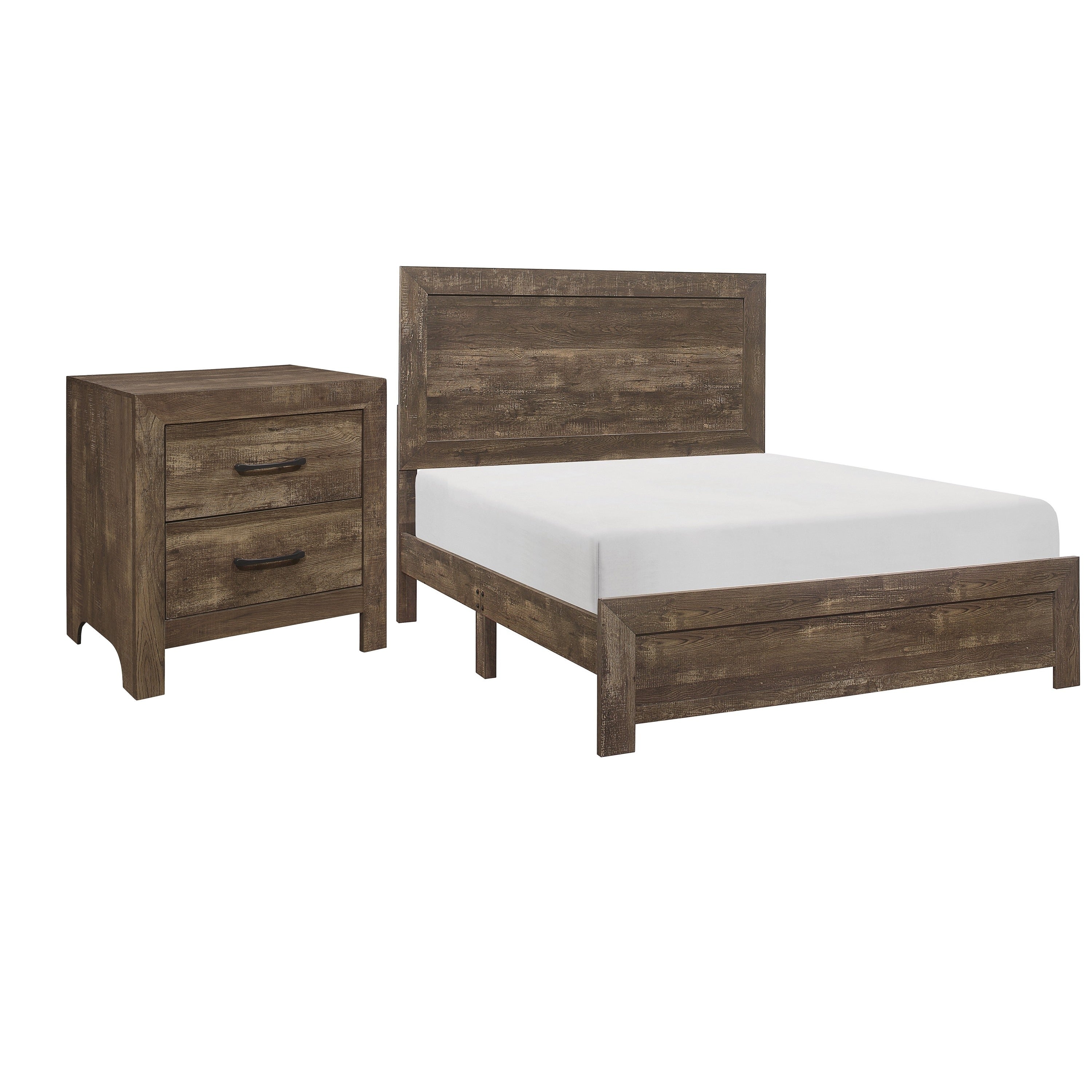 King Size Bedroom Set Brown Finish Panel Design 2 Piece Set With Bed And Nightstand