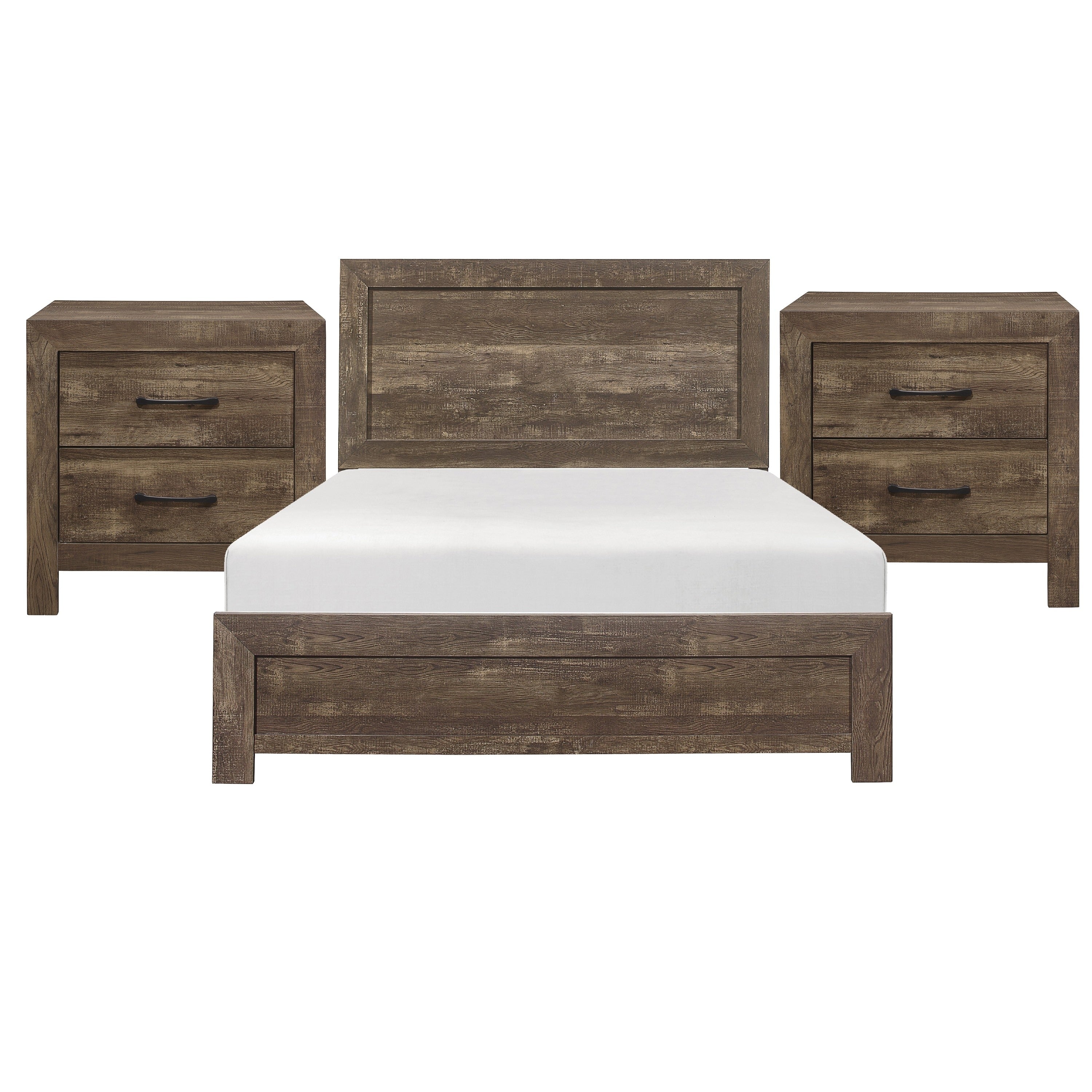 King Size Bedroom Set Brown Finish Panel Design 3 Piece Set With Bed And Two Nightstands
