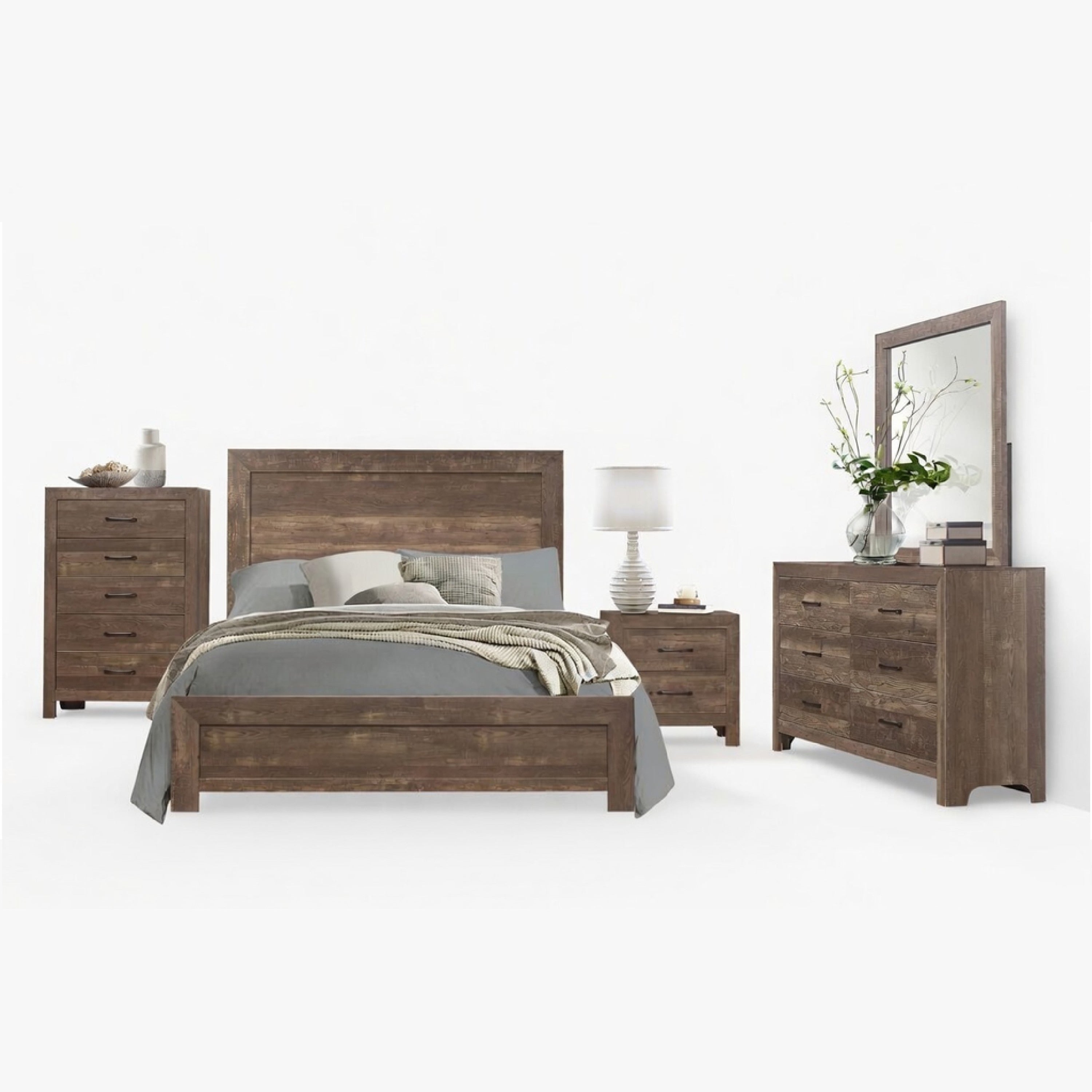 King Size Bedroom Set Brown Finish Panel Design 5 Piece Set With Bed 2 Nightstands Dresser And Chest