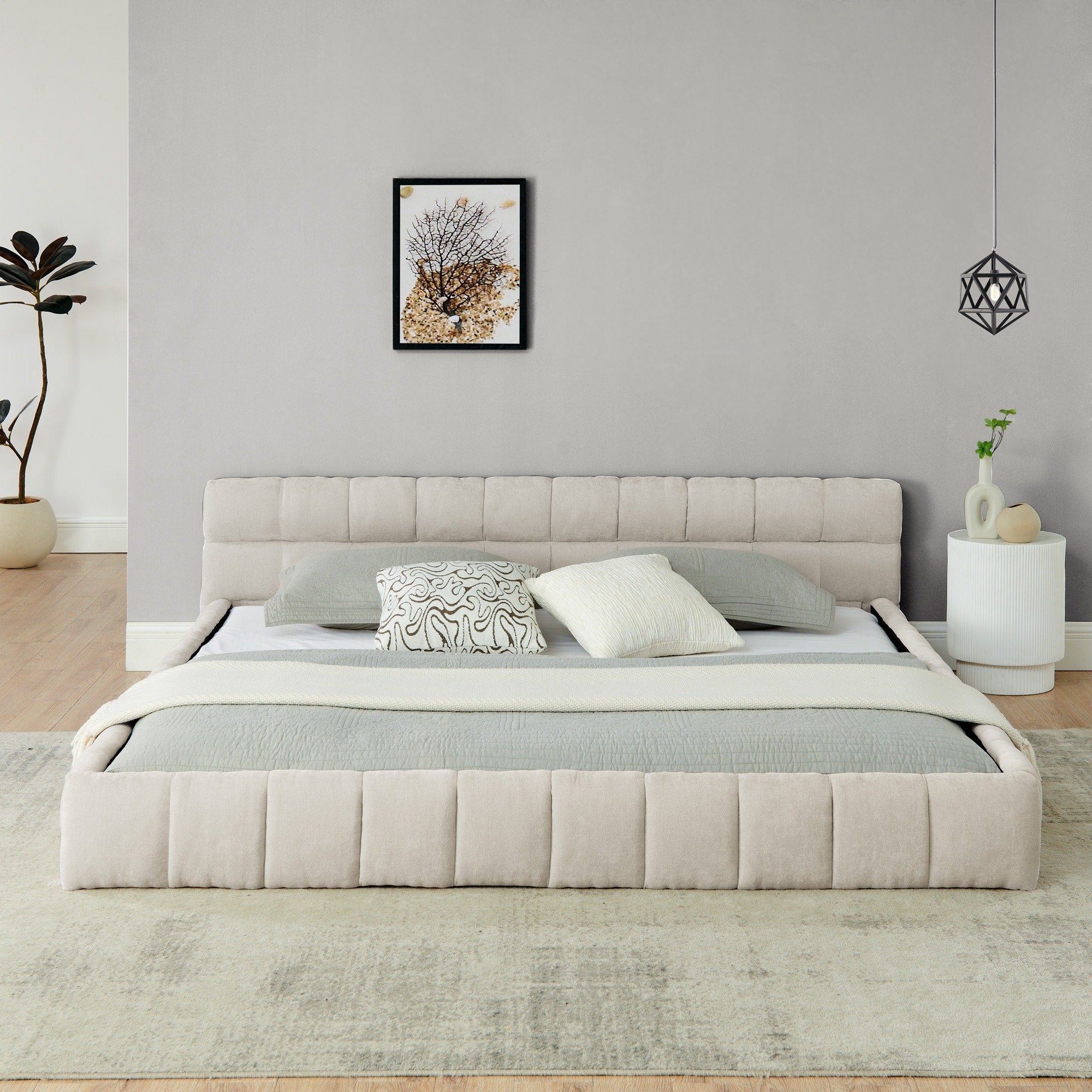 King Size Beige Upholstered Platform Bed Frame With Headboard