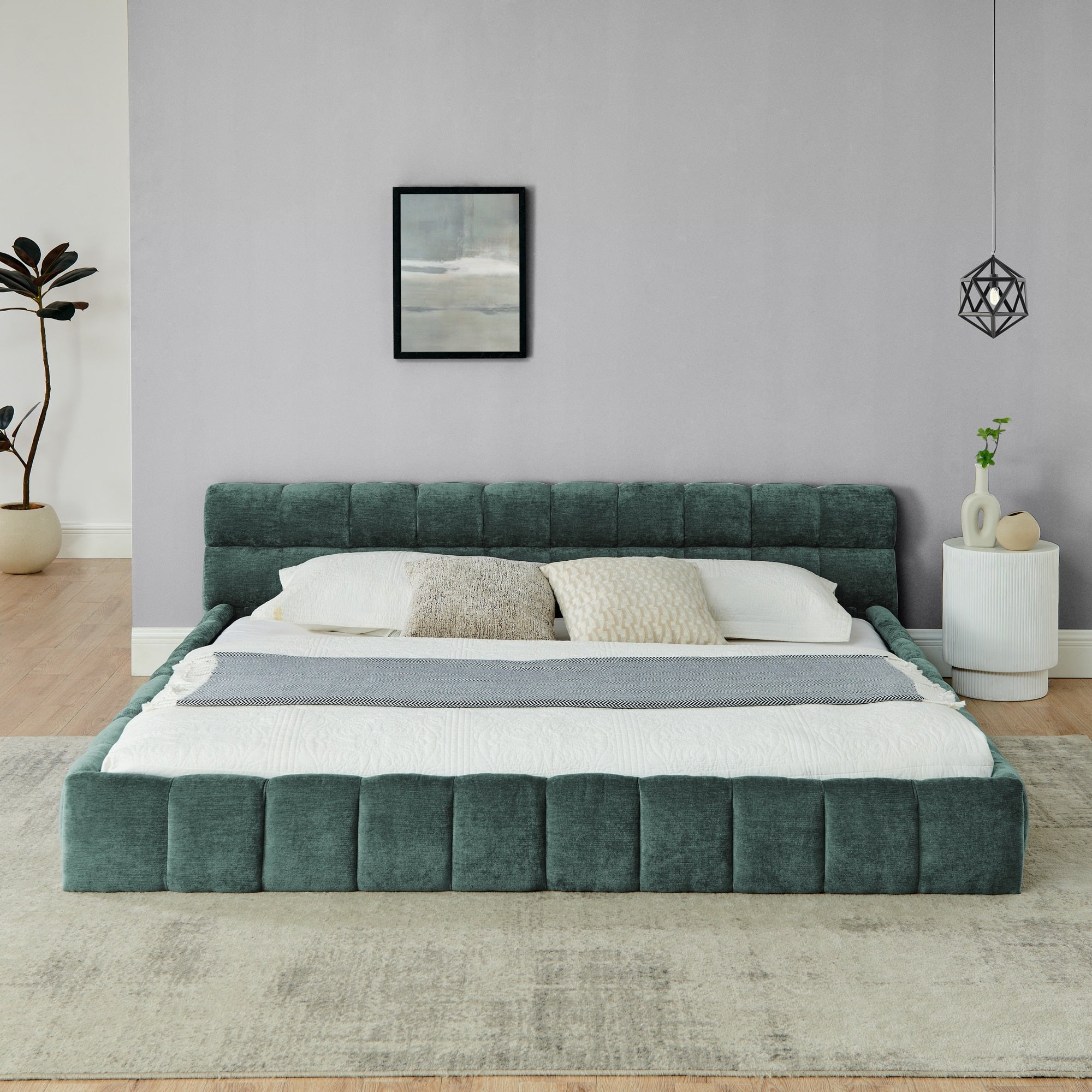 King Size Blue Green Upholstered Platform Bed Frame With Headboard