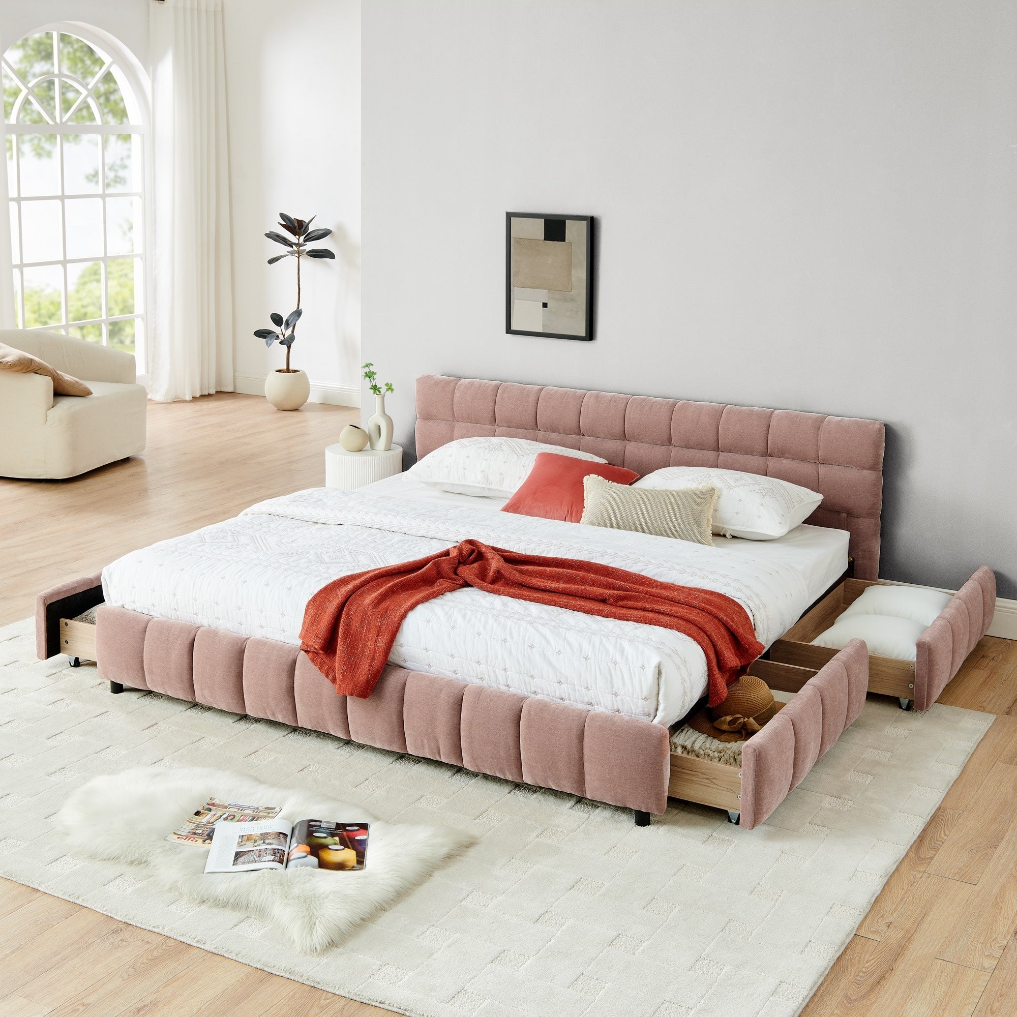 King Size Chenille Upholstered Solid Frame Bed With Headboard And Drawer