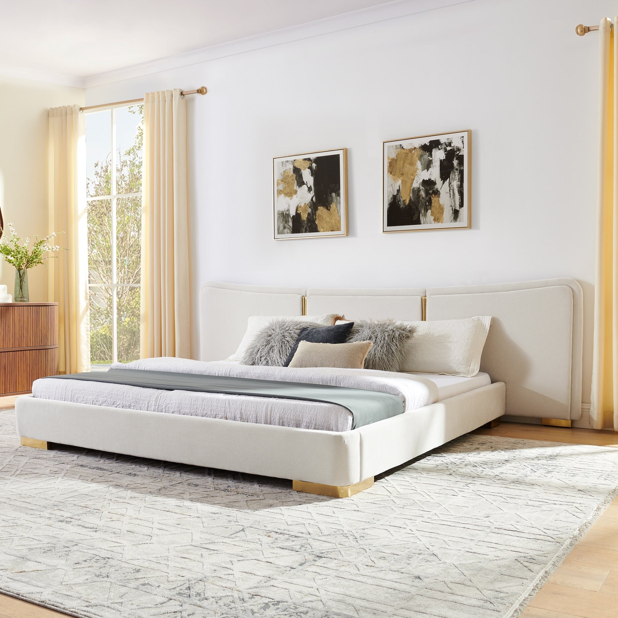 King Size Extra Large Platform Bed With Soft Chenille Fabric And Curved Headboard