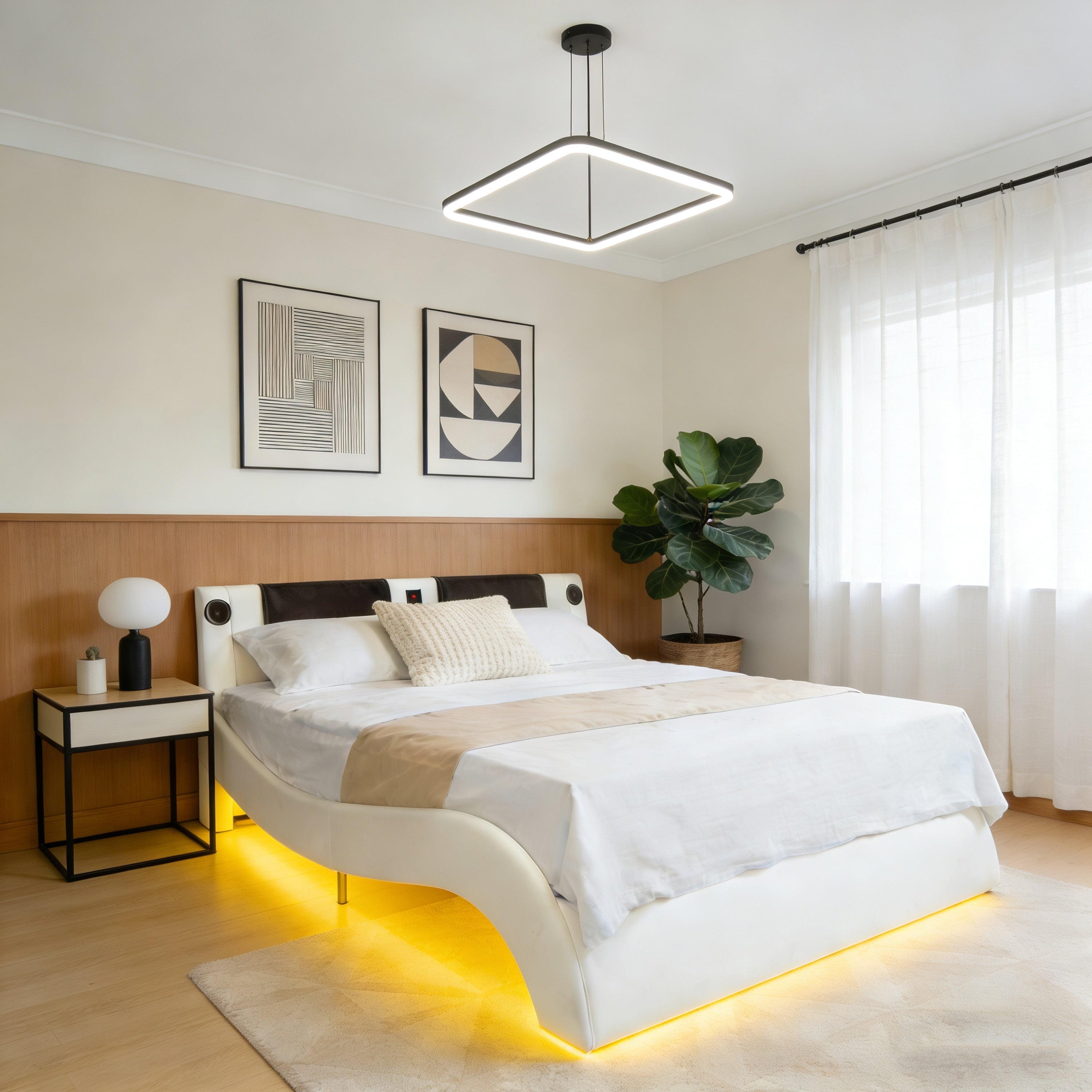 King Size Faux Leather Upholstered Platform Bed Frame With Led Lighting Bluetooth Connection To Play Music Control