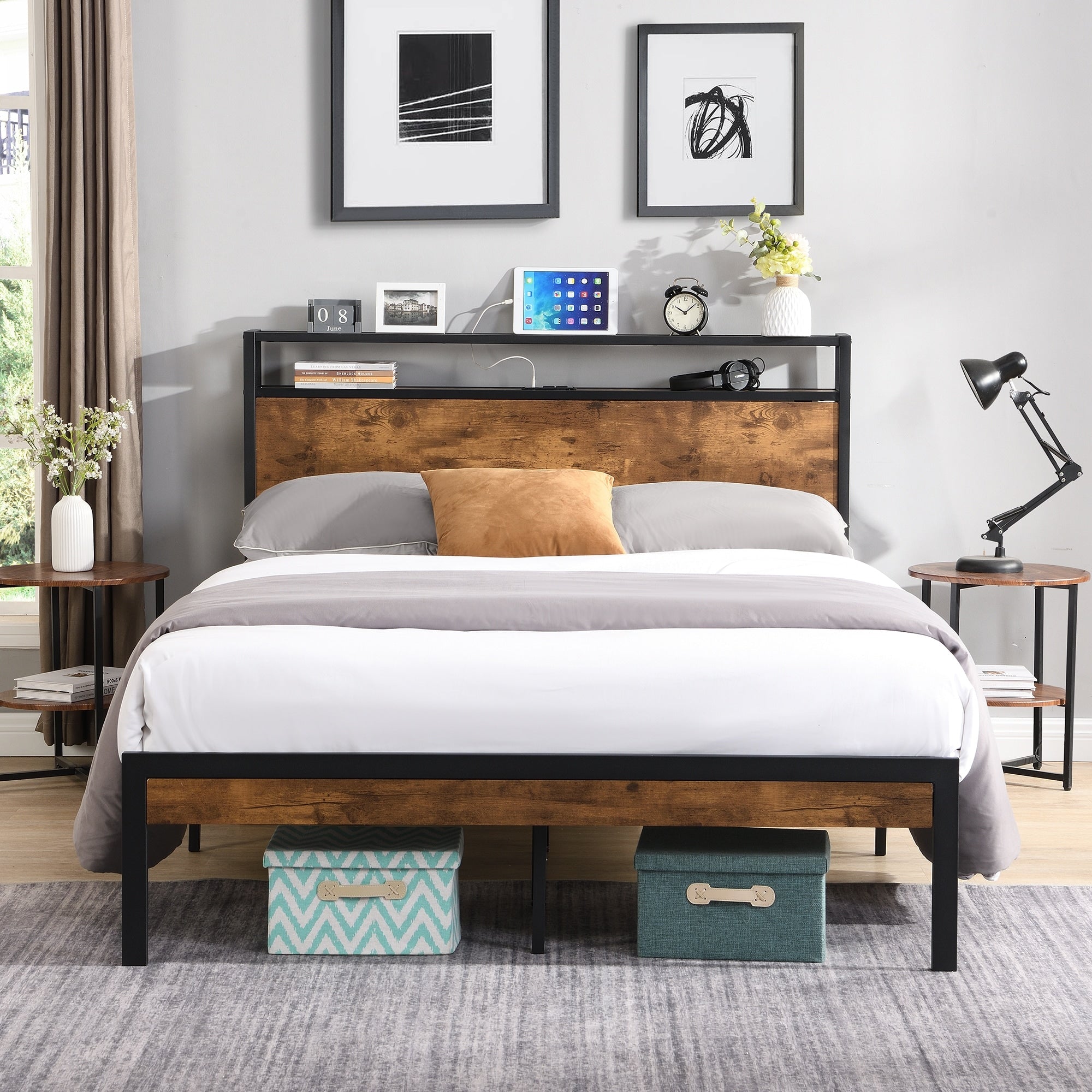 King Size Metal Platform Bed Frame With Headboard And Footboard With Usb Liner No Box Spring Needed Large Under Bed Storage