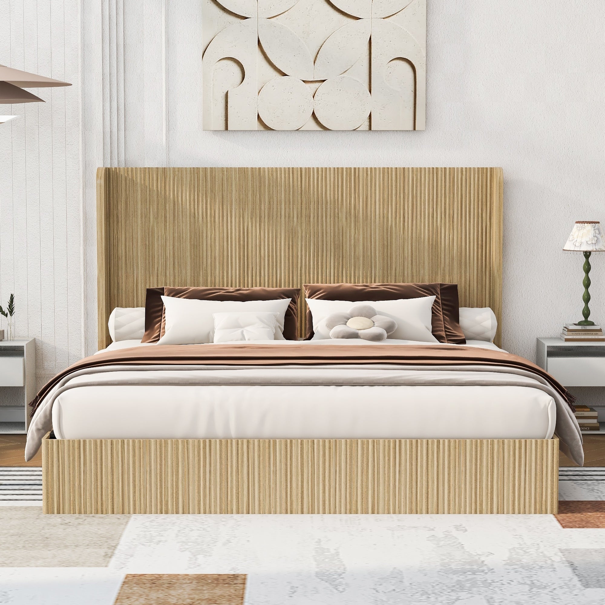 King Size Mid Century Wood Bed Frame With Fluted Wingback Headboard