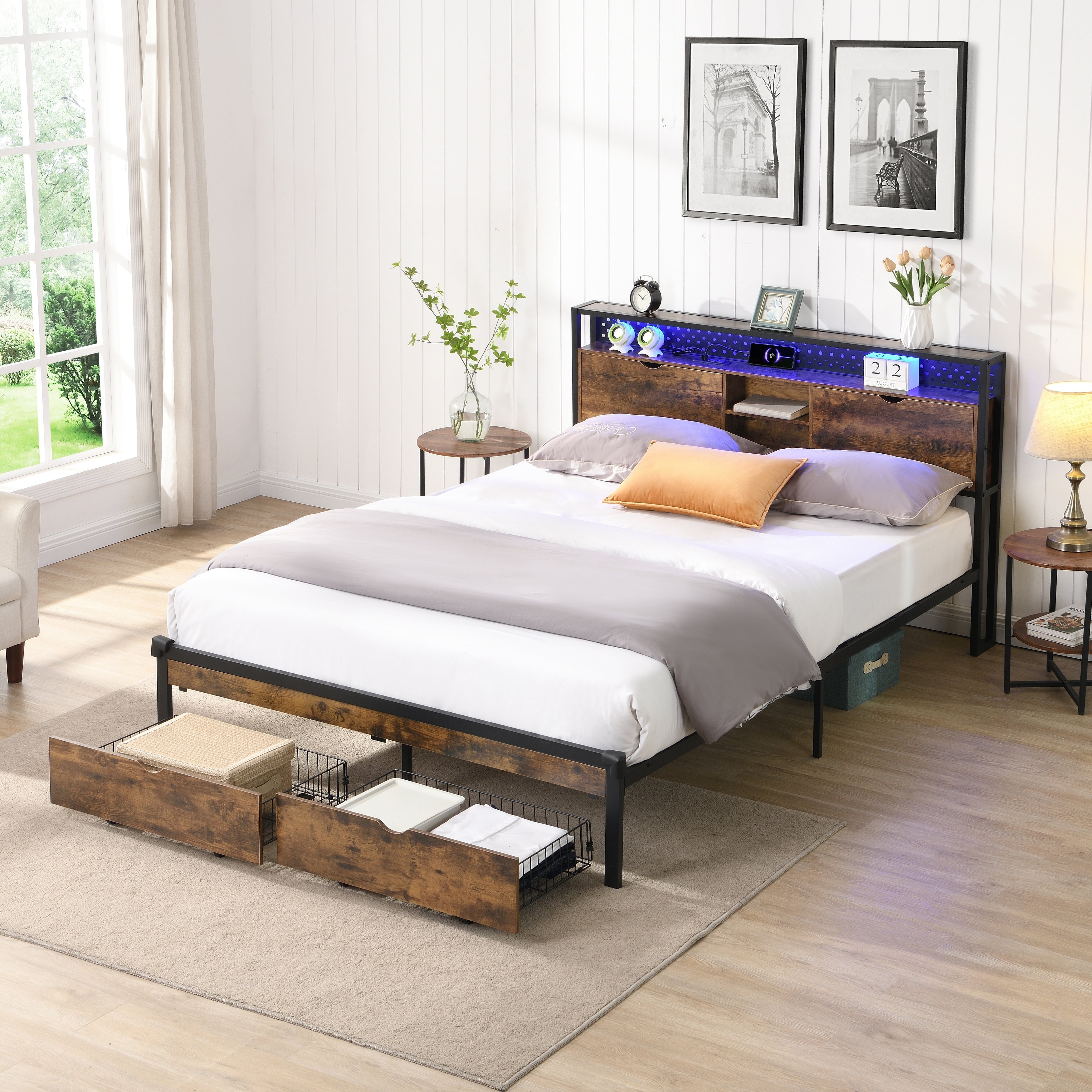King Size Platform Bed Frame And With Footboard Usb Charging Station 2 Drawers Led Lights No Box Spring Needed