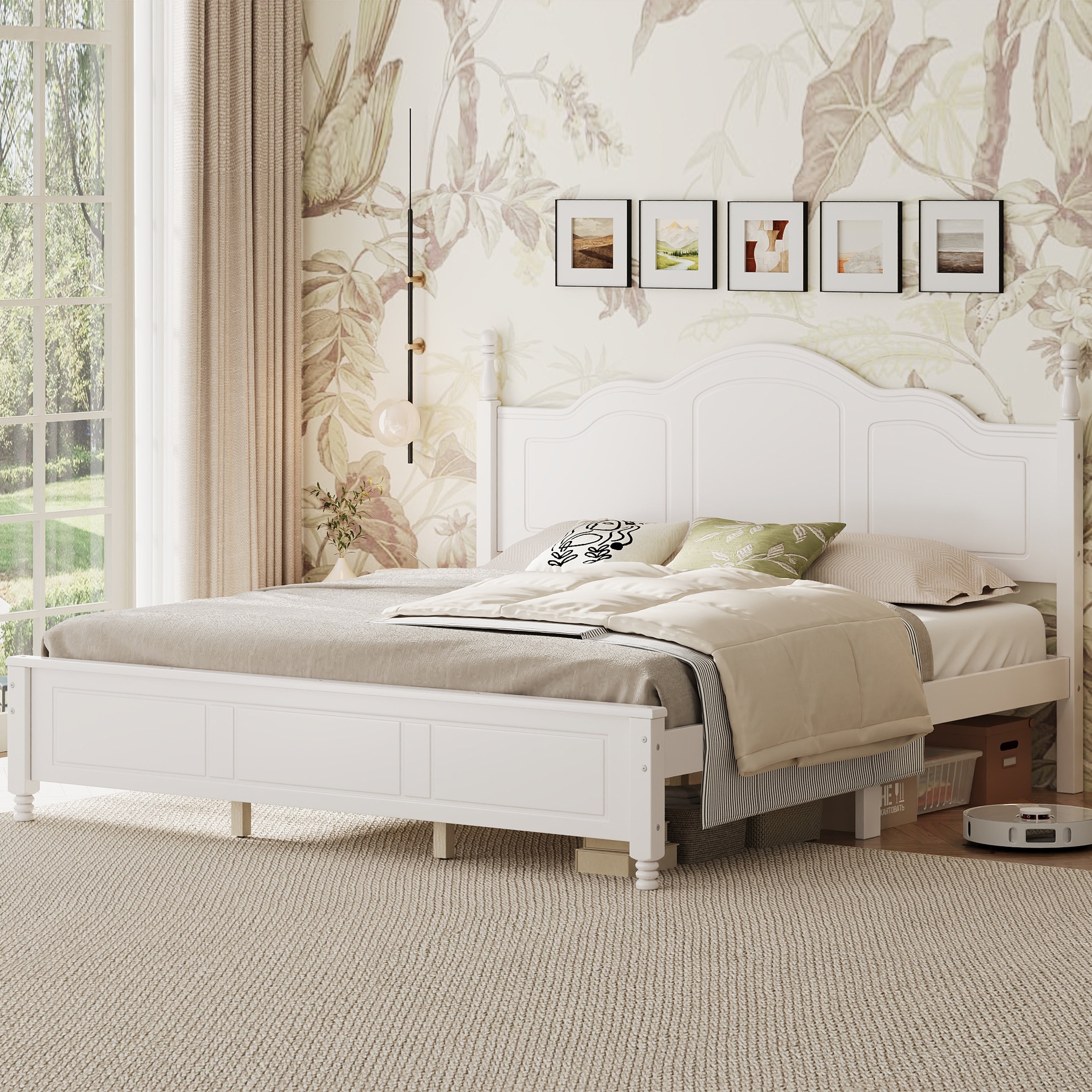 King Size Platform Bed Frame With Retro Wave Headboard And Wooden Slats