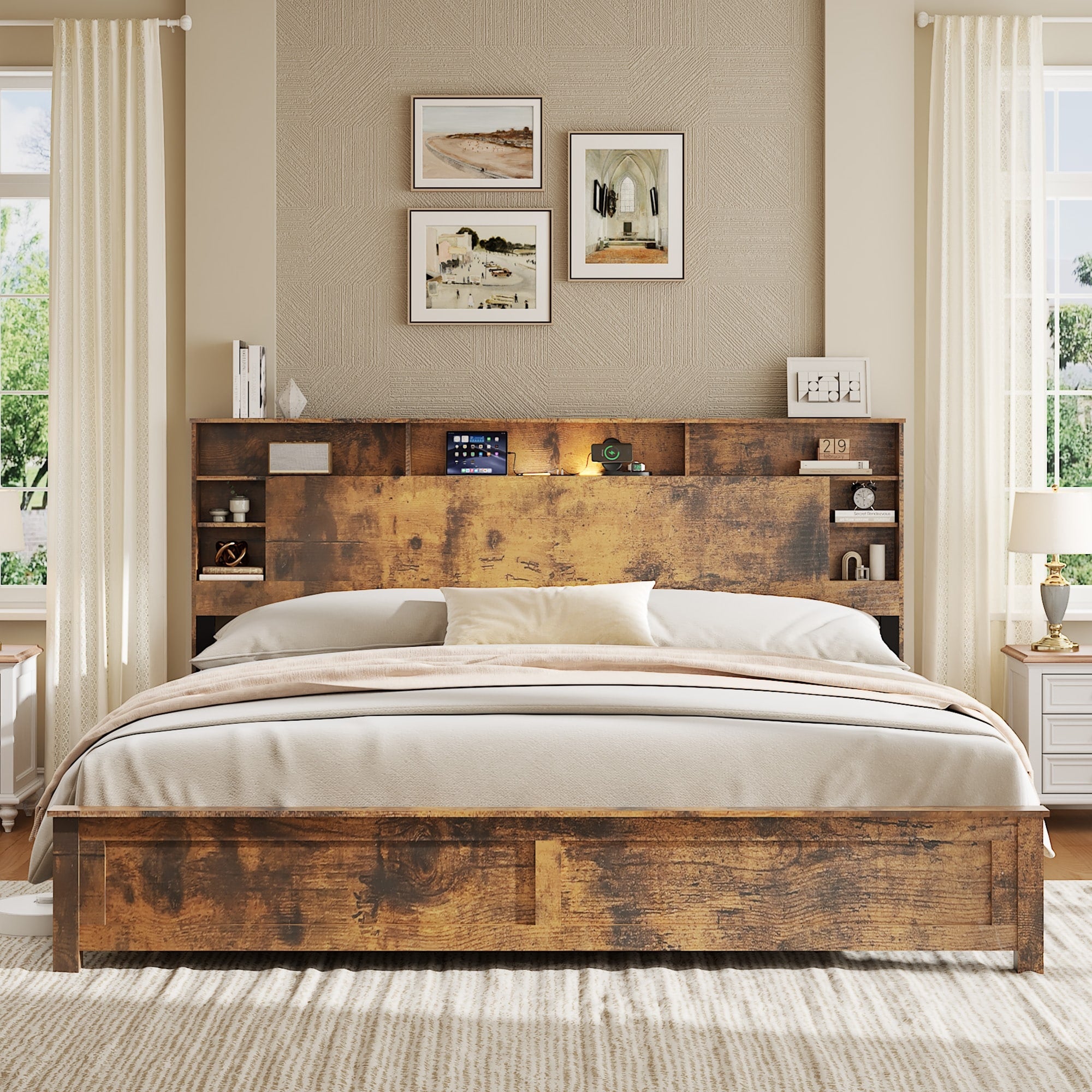 King Size Platform Bed Frame With Storage Headboard Charging Station