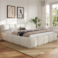 King Size Platform Bed With Boucle Upholstered Thick Headboard Footboard Block Style Design White Finish