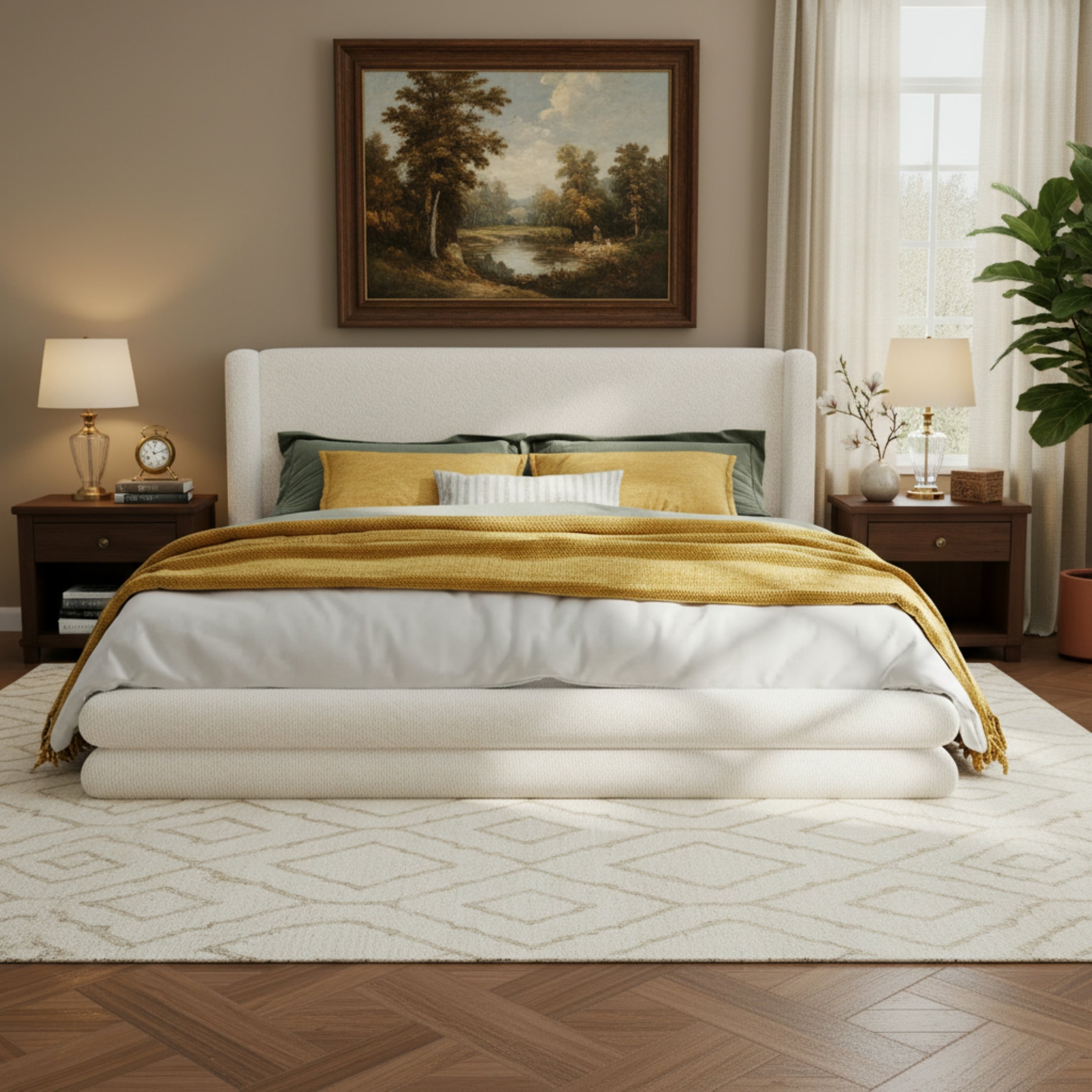 King Size Upholstered Bed Frame With Boucle Thick Wingback Headboard White