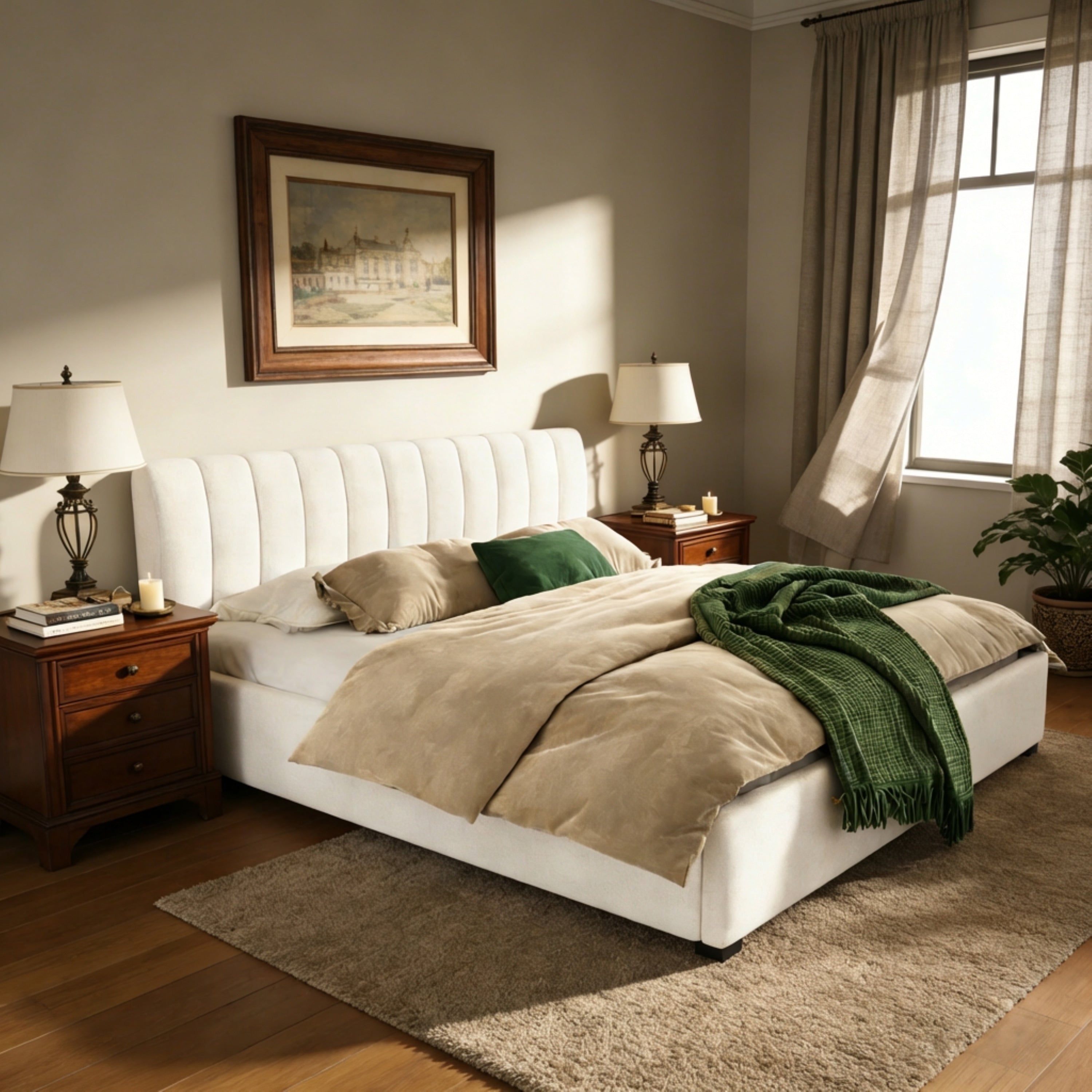 King Size Upholstered Bed Frame With Linen Fabric Thick Headboard And Solid Wood Legs Beige